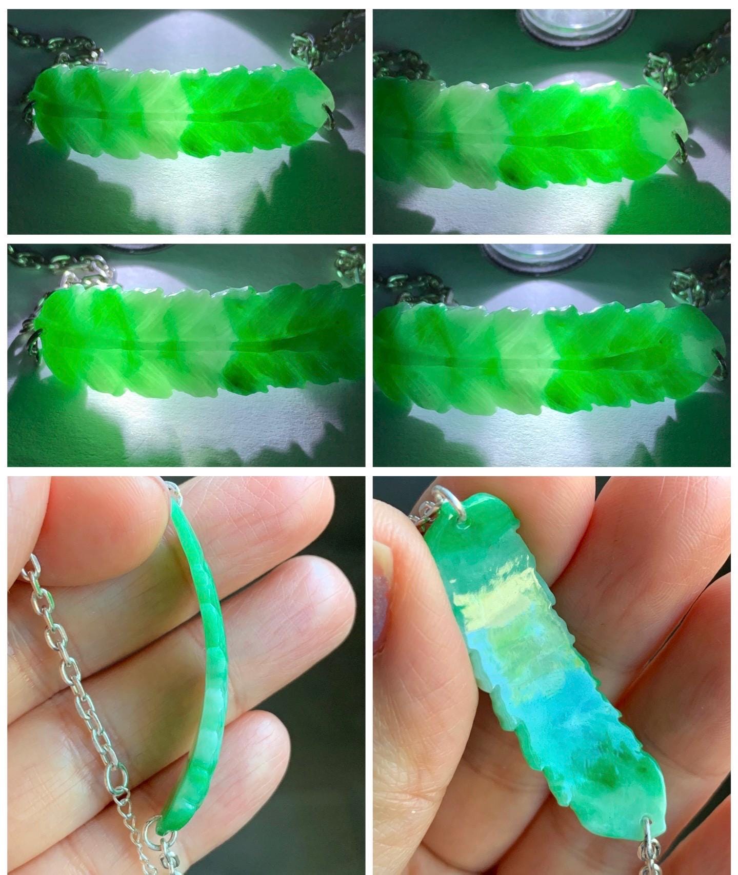 Natural Burmese Translucent Vibrant Green Marbled Jadeite Carved Feather Chain Bracelet 999 Sterling Silver 6.75”-7.75” 5g 天然缅甸辣绿飘花翡翠羽毛足银手链