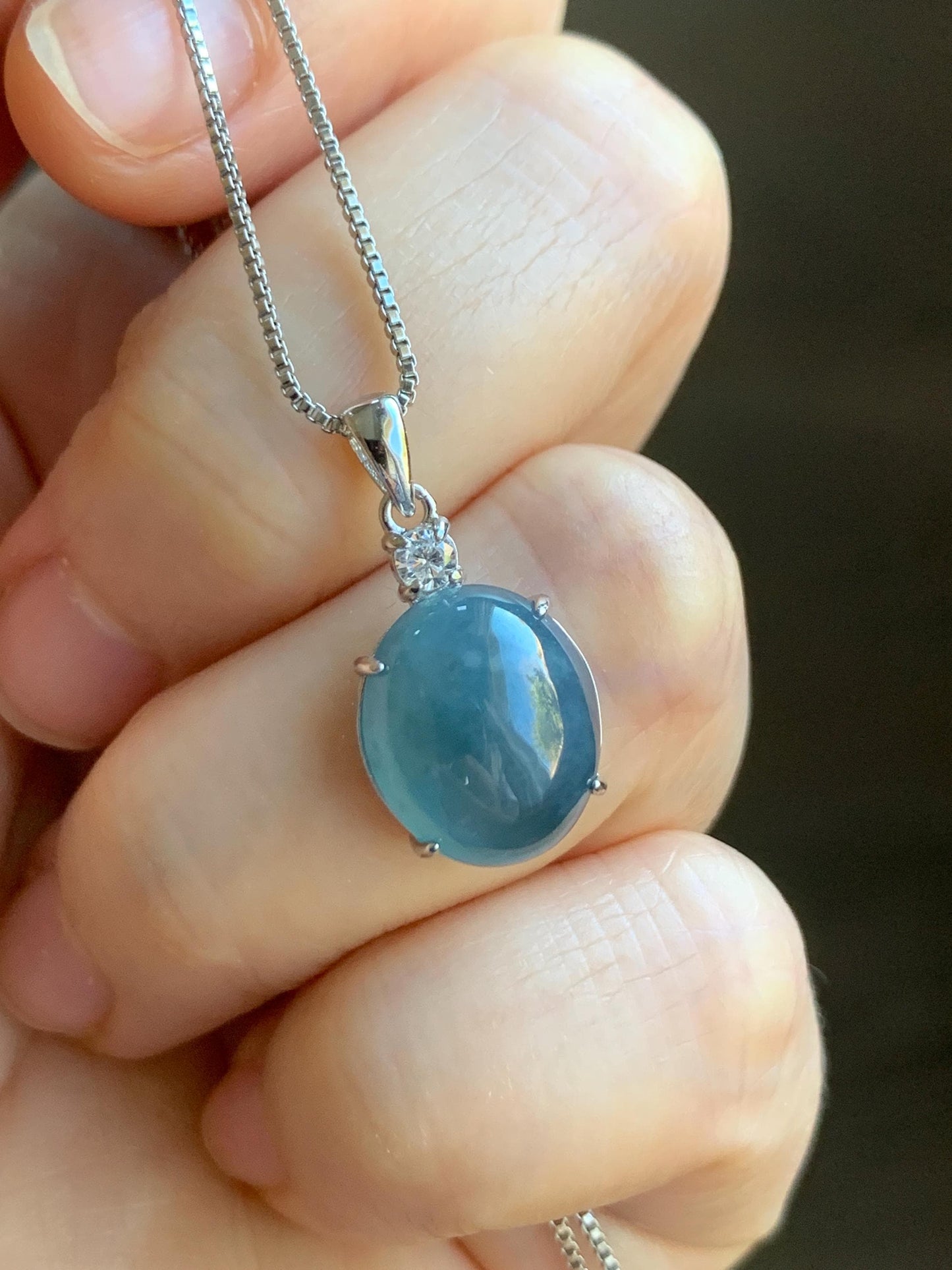 Natural Grade A Guatemalan Icy Translucent Dark Blue Jadeite Oval Cabochon Solitaire Pendant Sterling Silver 天然冰危蓝翡翠蛋面银镶吊坠 WLD88