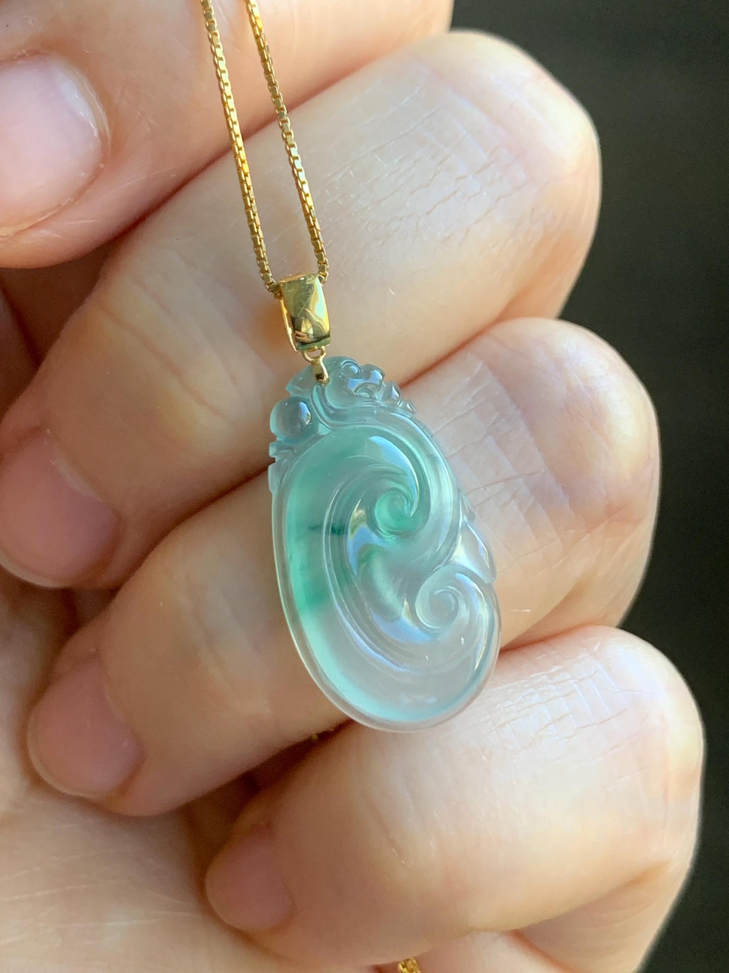 Natural Grade A Guatemalan Icy Highly Translucent Pale Blue & Green Marbled Jadeite Ruyi Pendant 18K Yellow Gold 天然老种冰危浅蓝绿起光翡翠如意镶嵌吊坠 A