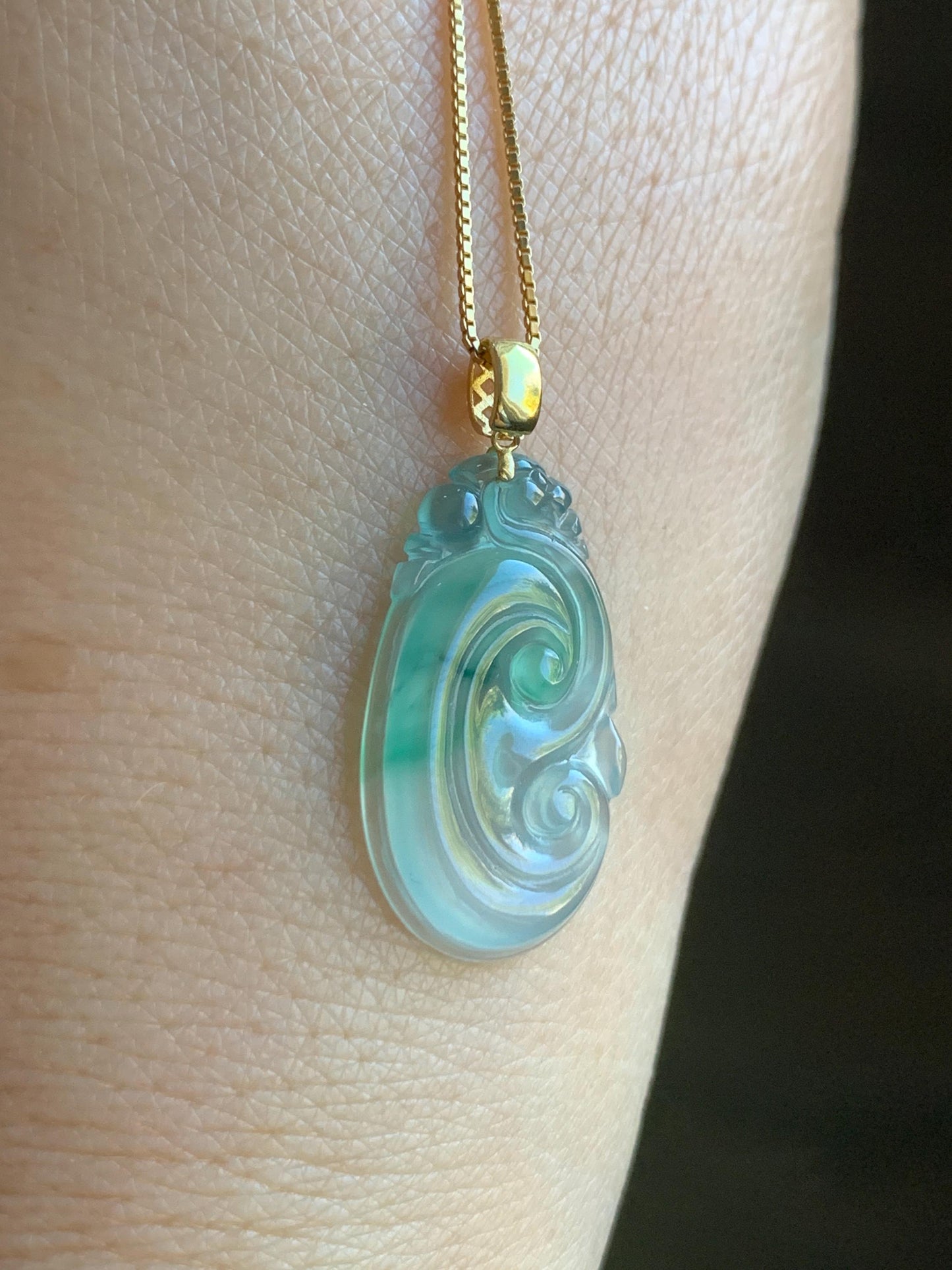 Natural Grade A Guatemalan Icy Highly Translucent Pale Blue & Green Marbled Jadeite Ruyi Pendant 18K Yellow Gold 天然老种冰危浅蓝绿起光翡翠如意镶嵌吊坠 A