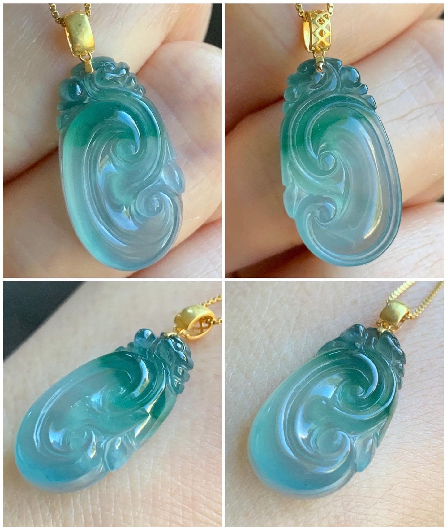 Natural Guatemalan Icy Highly Translucent Light Teal Blue & Green Marbled Jadeite Ruyi Pendant 18K Yellow Gold 天然老种冰危浅蓝飘绿起光翡翠如意镶嵌吊坠 C