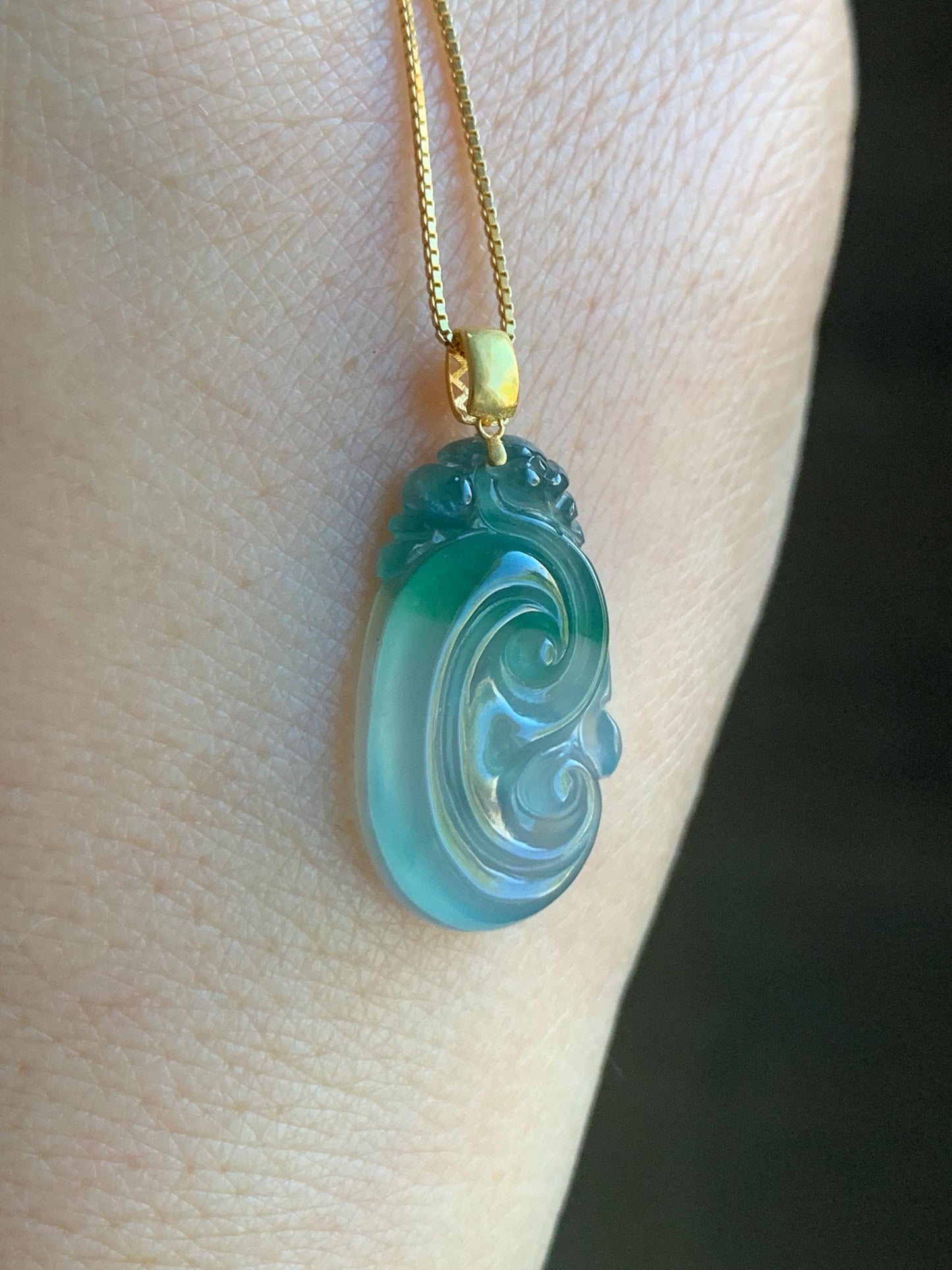 Natural Guatemalan Icy Highly Translucent Light Teal Blue & Green Marbled Jadeite Ruyi Pendant 18K Yellow Gold 天然老种冰危浅蓝飘绿起光翡翠如意镶嵌吊坠 C