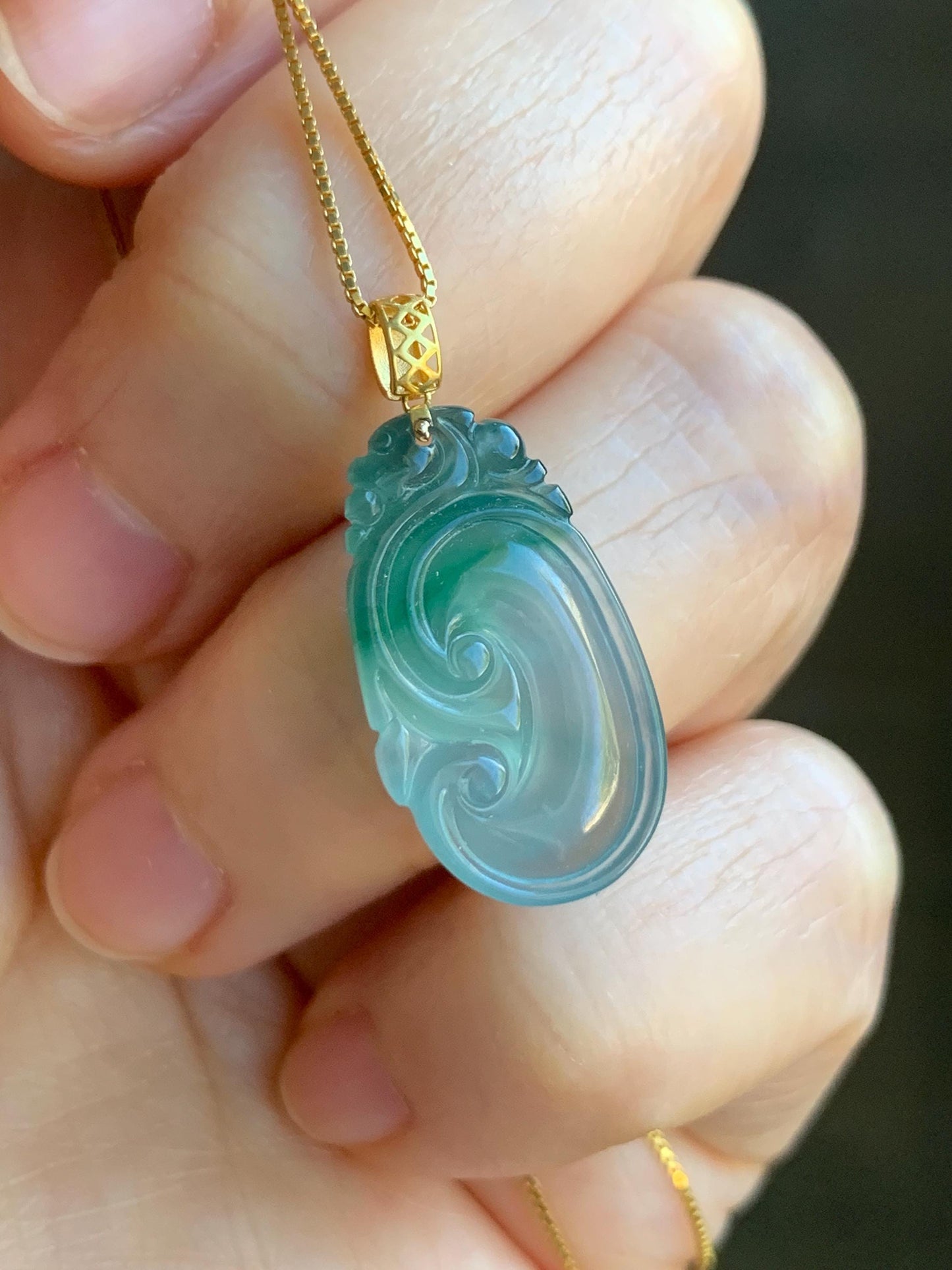 Natural Guatemalan Icy Highly Translucent Light Teal Blue & Green Marbled Jadeite Ruyi Pendant 18K Yellow Gold 天然老种冰危浅蓝飘绿起光翡翠如意镶嵌吊坠 C