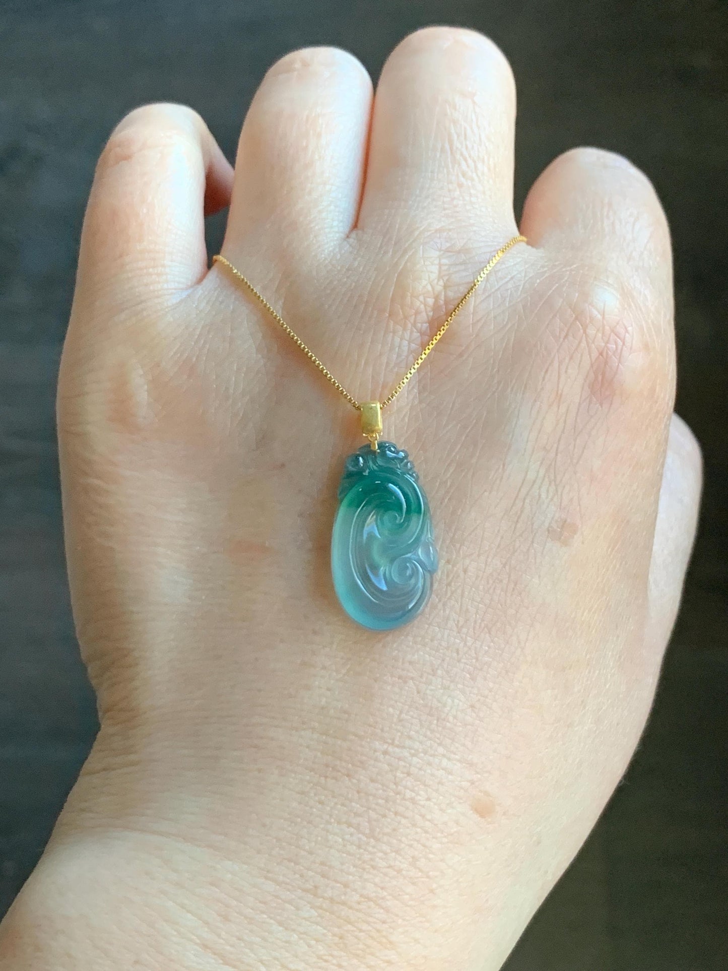 Natural Guatemalan Icy Highly Translucent Light Teal Blue & Green Marbled Jadeite Ruyi Pendant 18K Yellow Gold 天然老种冰危浅蓝飘绿起光翡翠如意镶嵌吊坠 C
