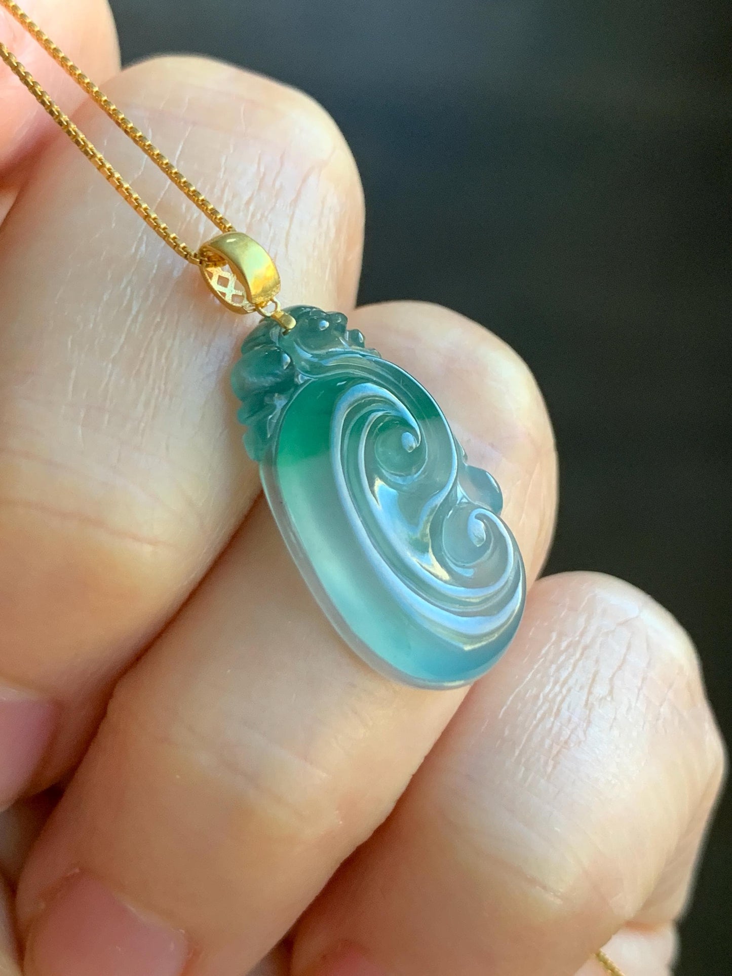 Natural Guatemalan Icy Highly Translucent Light Teal Blue & Green Marbled Jadeite Ruyi Pendant 18K Yellow Gold 天然老种冰危浅蓝飘绿起光翡翠如意镶嵌吊坠 C