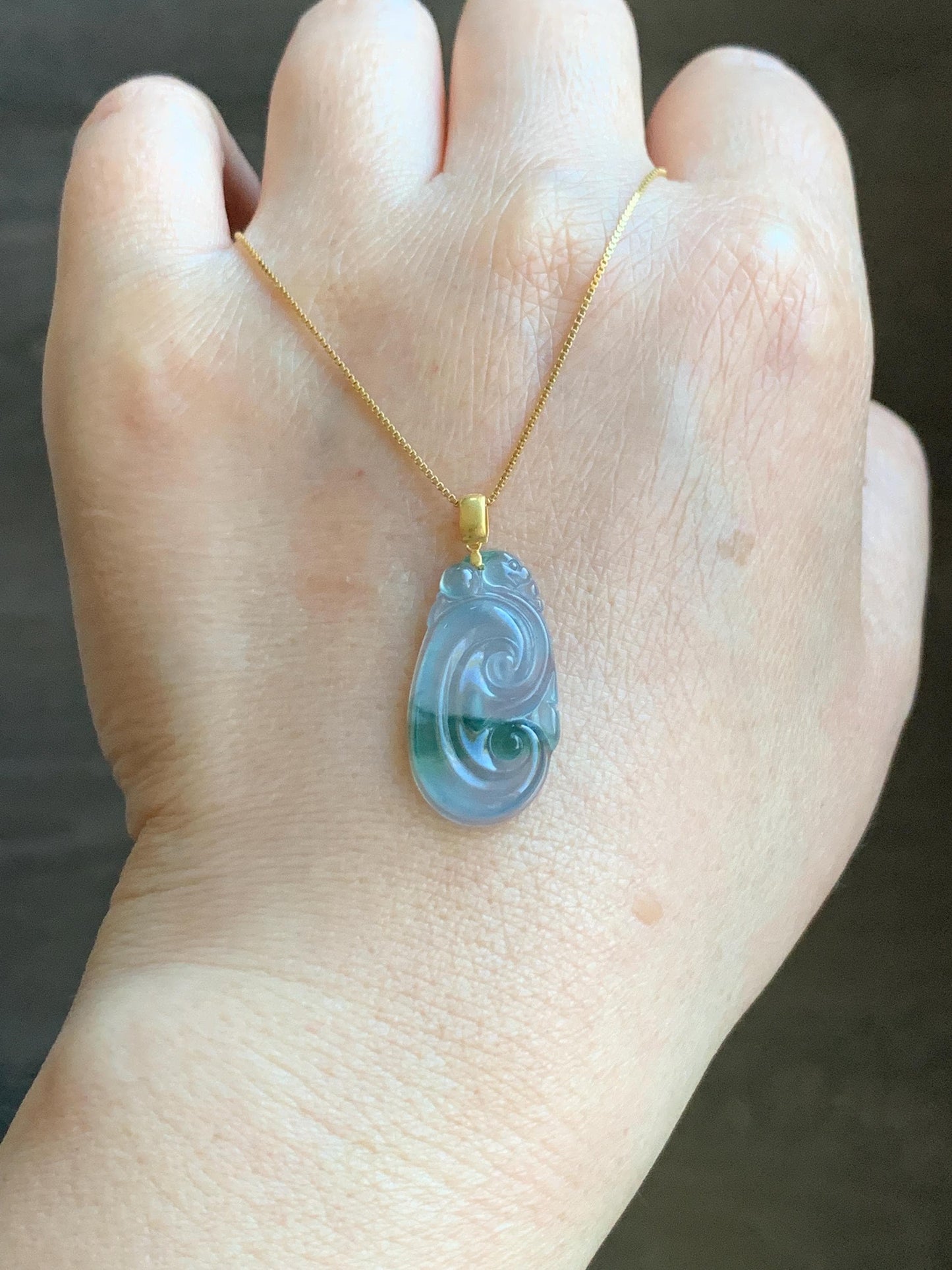 Natural Guatemalan Icy Highly Translucent Light Teal Blue & Green Marbled Jadeite Ruyi Pendant 18K Yellow Gold 天然老种冰危浅蓝飘绿起光翡翠如意镶嵌吊坠 F