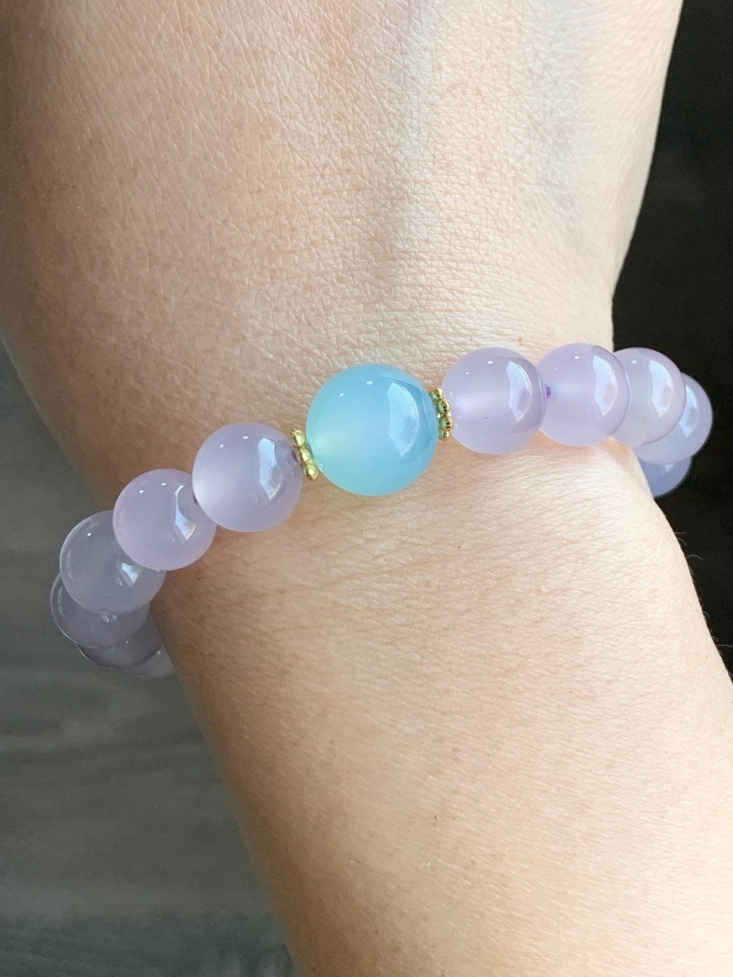 Natural Icy Highly Translucent Light Pinkish Purple Agate Large Beads & Sky Blue Agate Beaded Bracelet 10mm 27g 7.25” 天然高冰品质淡粉紫玛瑙圆珠手串