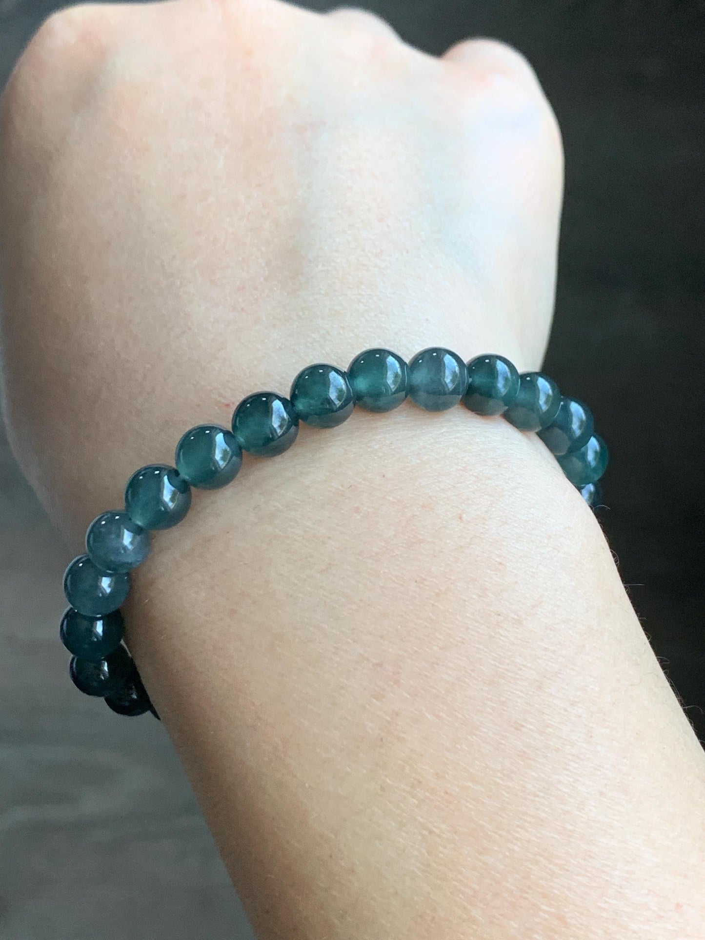 Natural Grade A Guatemalan Icy Translucent Gelatinous Dark Wuji Jadeite Beaded Bracelet Stretchy 6.75” 7mm 14g 天然冰胶危乌鸡翡翠圆珠手串 XWW110