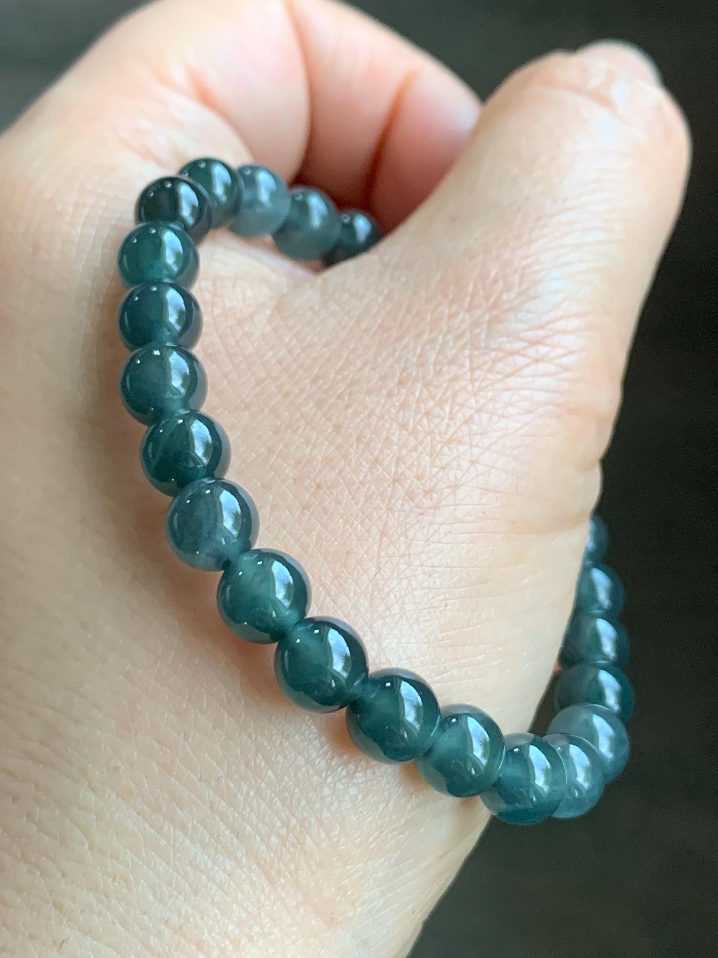 Natural Grade A Guatemalan Icy Translucent Gelatinous Dark Wuji Jadeite Beaded Bracelet Stretchy 6.75” 7mm 14g 天然冰胶危乌鸡翡翠圆珠手串 XWW110