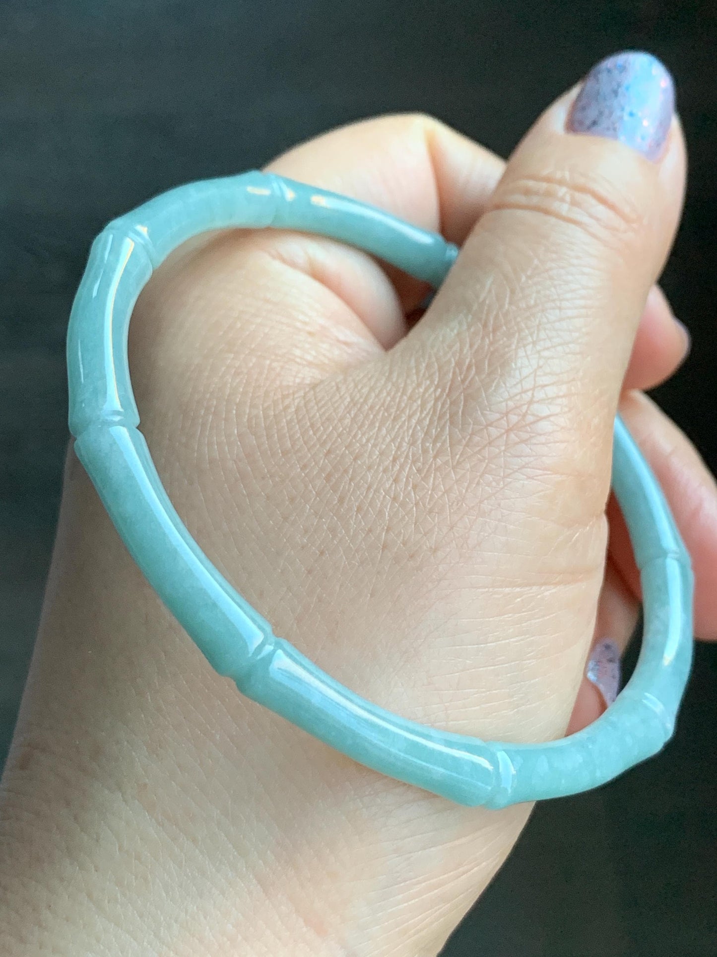 Certified Natural Guatemalan Translucent Light Teal Blue Jadeite Carved Slim Bamboo Bangle Bracelet 63.97mm 7.9” 16g 天然危浅篮绿翡翠竹节手镯 7816