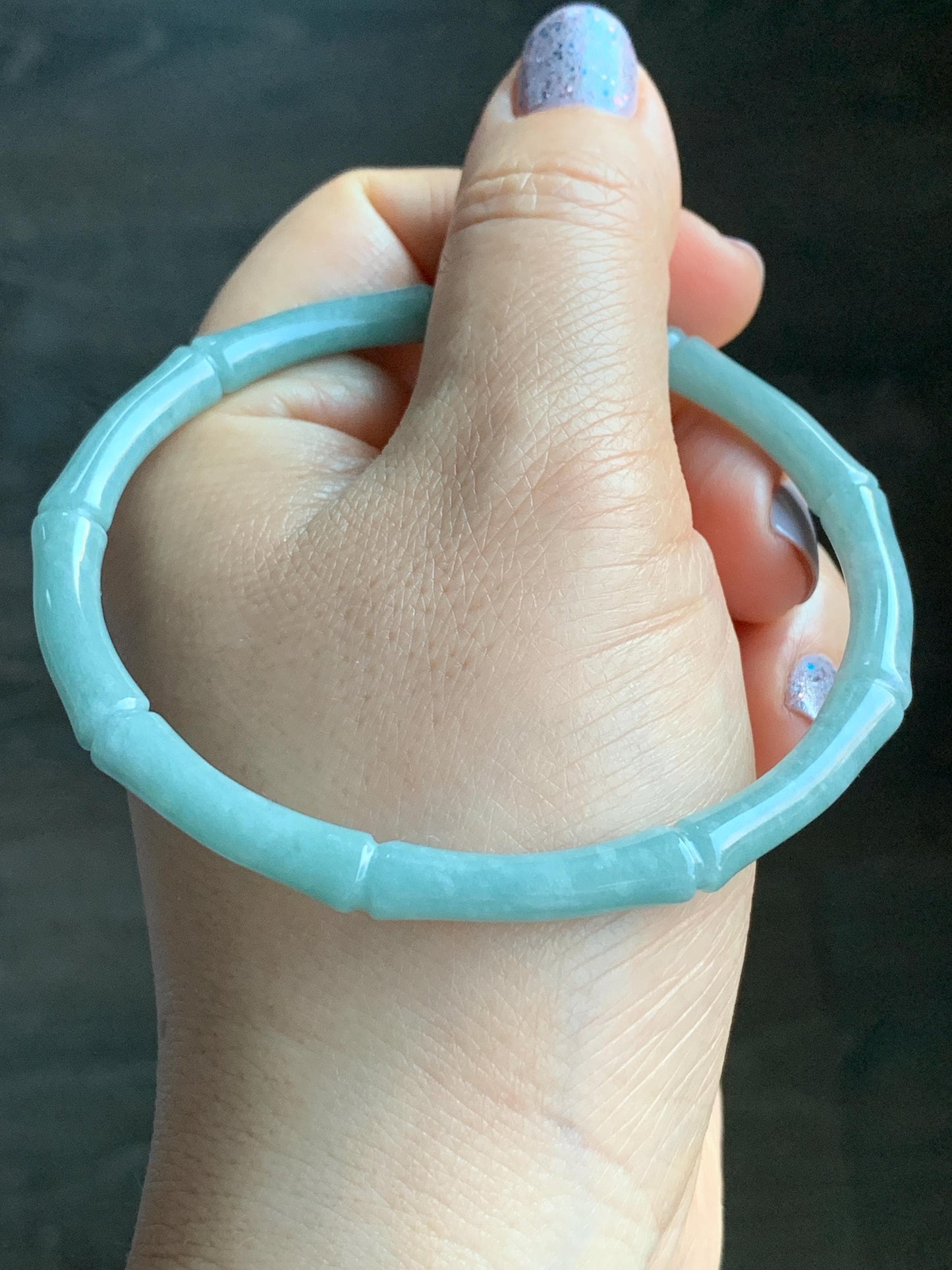 Certified Natural Guatemalan Translucent Light Teal Blue Jadeite Carved Slim Bamboo Bangle Bracelet 63.97mm 7.9” 16g 天然危浅篮绿翡翠竹节手镯 7816