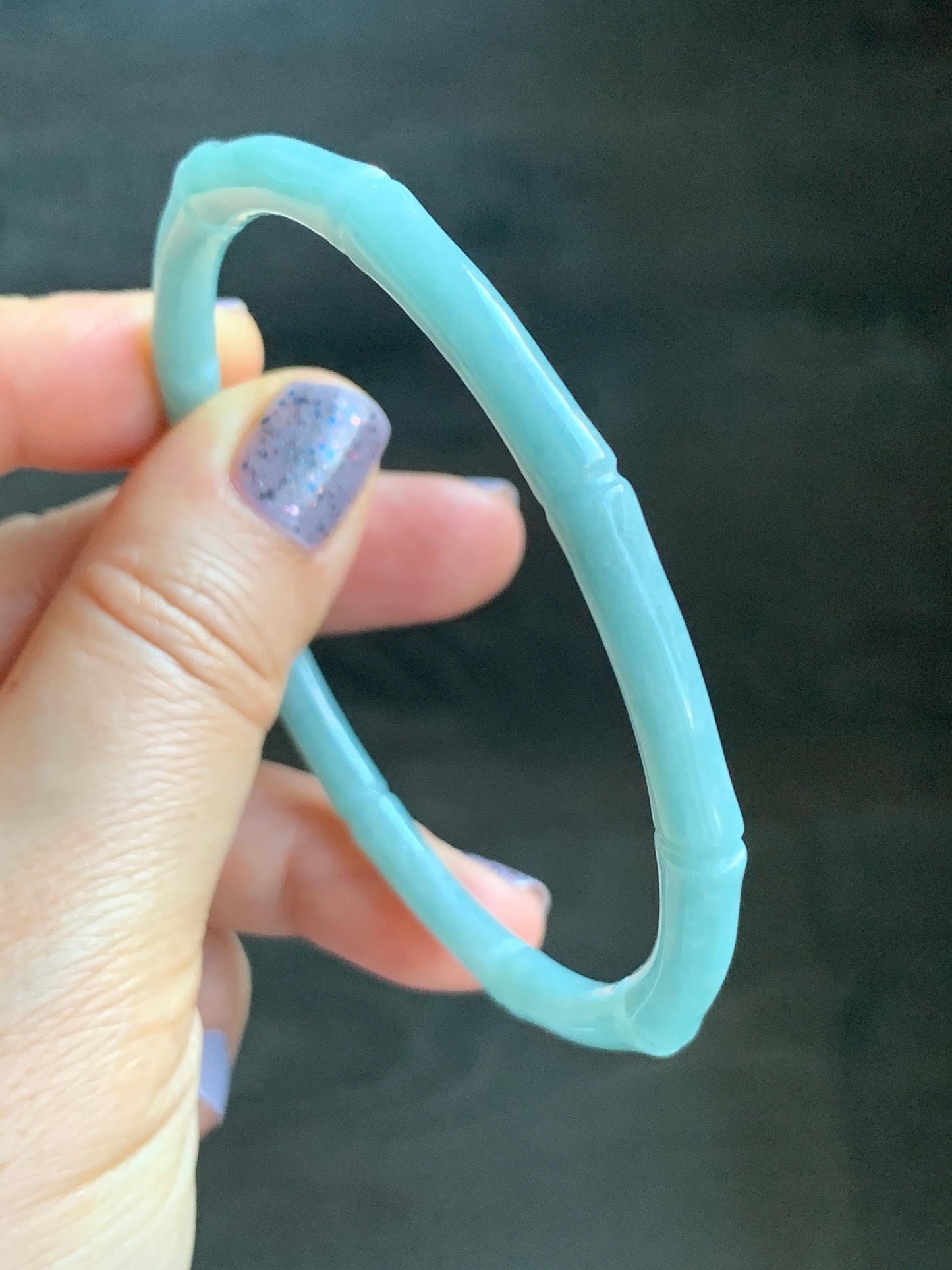 Certified Natural Guatemalan Translucent Light Teal Blue Jadeite Carved Slim Bamboo Bangle Bracelet 63.97mm 7.9” 16g 天然危浅篮绿翡翠竹节手镯 7816