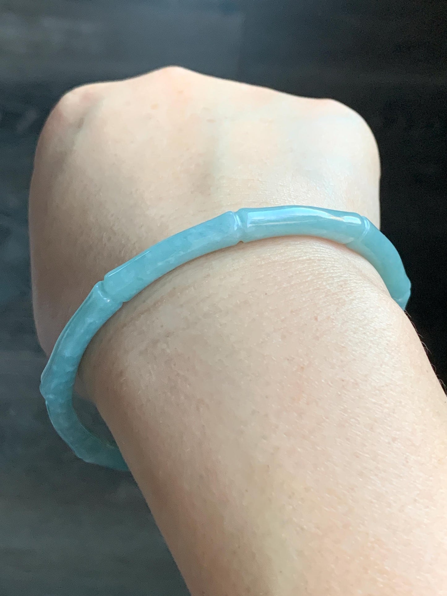 Certified Natural Guatemalan Translucent Light Teal Blue Jadeite Carved Slim Bamboo Bangle Bracelet 63.97mm 7.9” 16g 天然危浅篮绿翡翠竹节手镯 7816