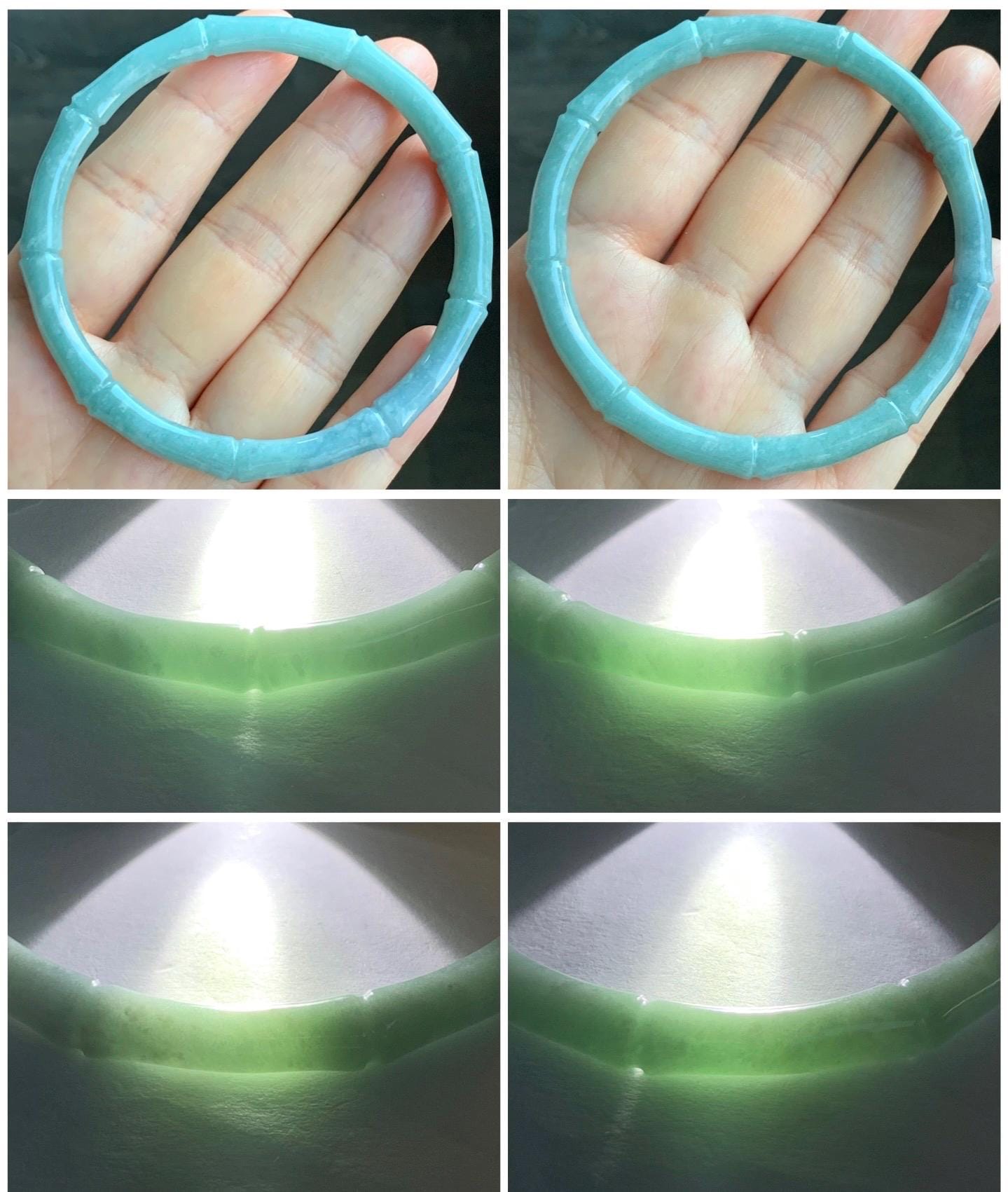 Certified Natural Guatemalan Translucent Light Teal Blue Jadeite Carved Slim Bamboo Bangle Bracelet 62mm 7.68” 19.43g 天然危浅篮绿翡翠竹节手镯 7822