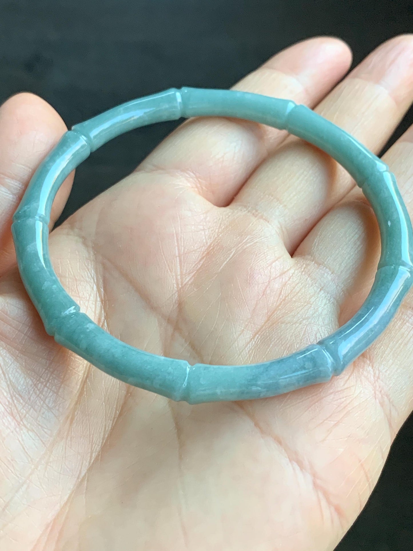 Certified Natural Guatemalan Translucent Light Teal Blue Jadeite Carved Slim Bamboo Bangle Bracelet 62mm 7.68” 19.43g 天然危浅篮绿翡翠竹节手镯 7822