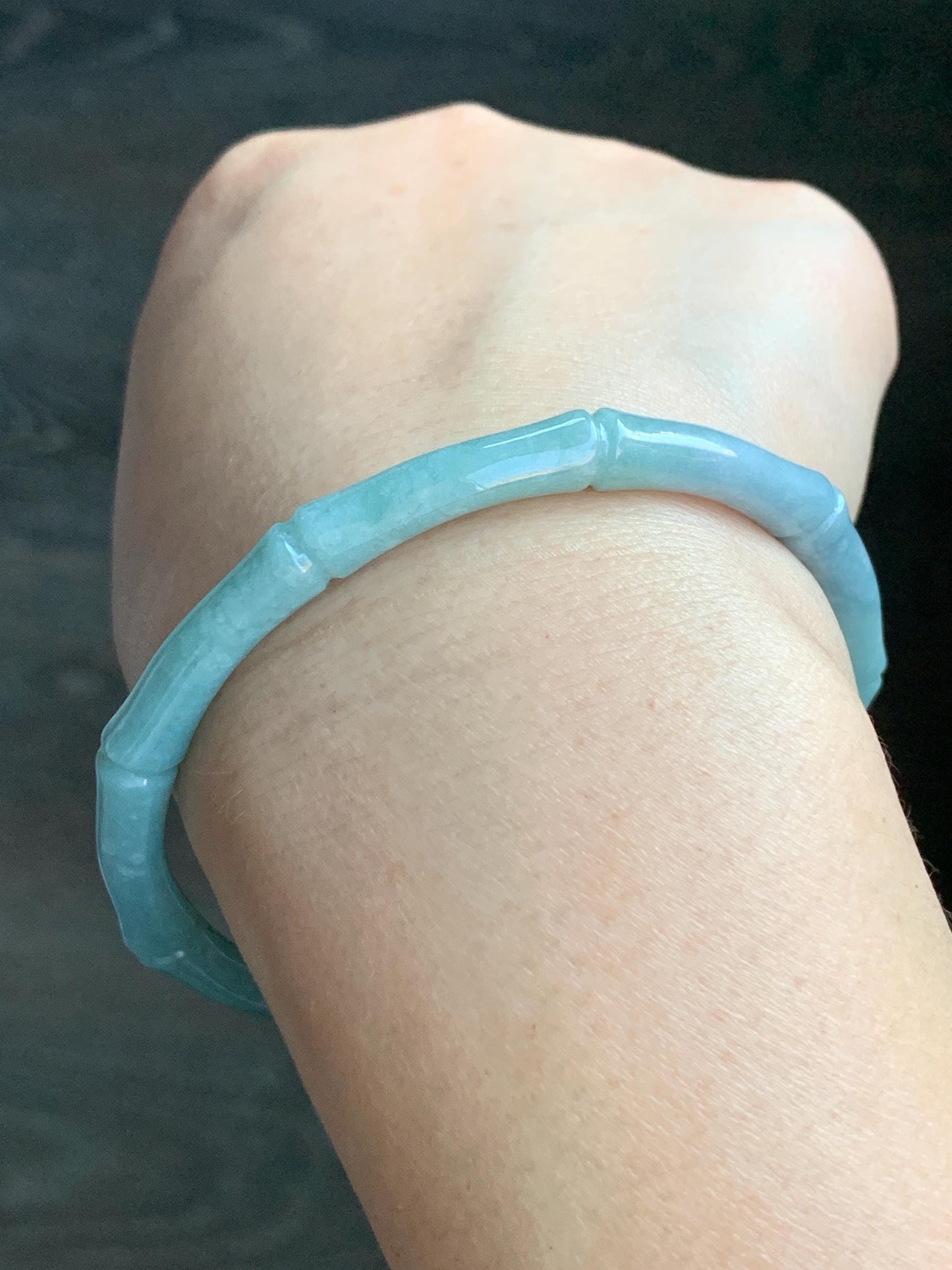 Certified Natural Guatemalan Translucent Light Teal Blue Jadeite Carved Slim Bamboo Bangle Bracelet 62mm 7.68” 19.43g 天然危浅篮绿翡翠竹节手镯 7822