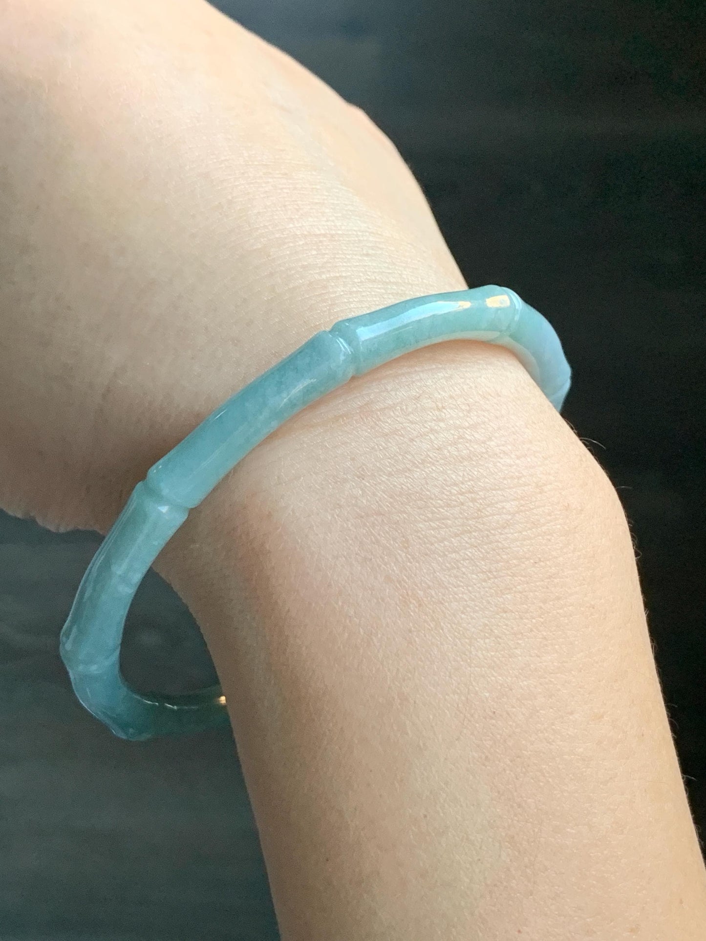 Certified Natural Guatemalan Translucent Light Teal Blue Jadeite Carved Slim Bamboo Bangle Bracelet 62mm 7.68” 19.43g 天然危浅篮绿翡翠竹节手镯 7822