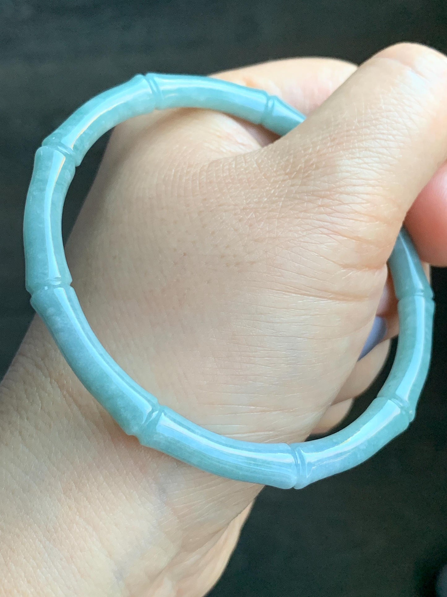 Certified Natural Guatemalan Translucent Light Teal Blue Jadeite Carved Slim Bamboo Bangle Bracelet 62.3mm 7.68” 17.09g 天然危浅篮绿翡翠竹节手镯 7821