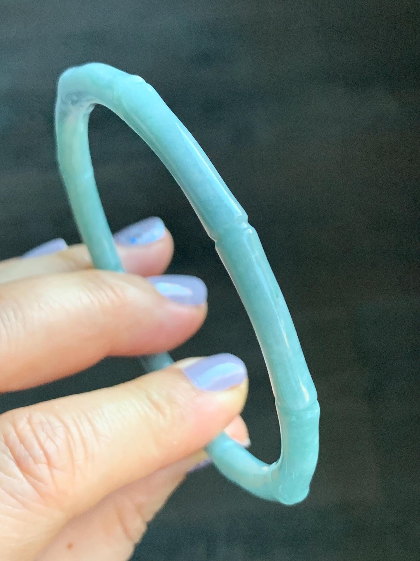 Certified Natural Guatemalan Translucent Light Teal Blue Jadeite Carved Slim Bamboo Bangle Bracelet 62.3mm 7.68” 17.09g 天然危浅篮绿翡翠竹节手镯 7821