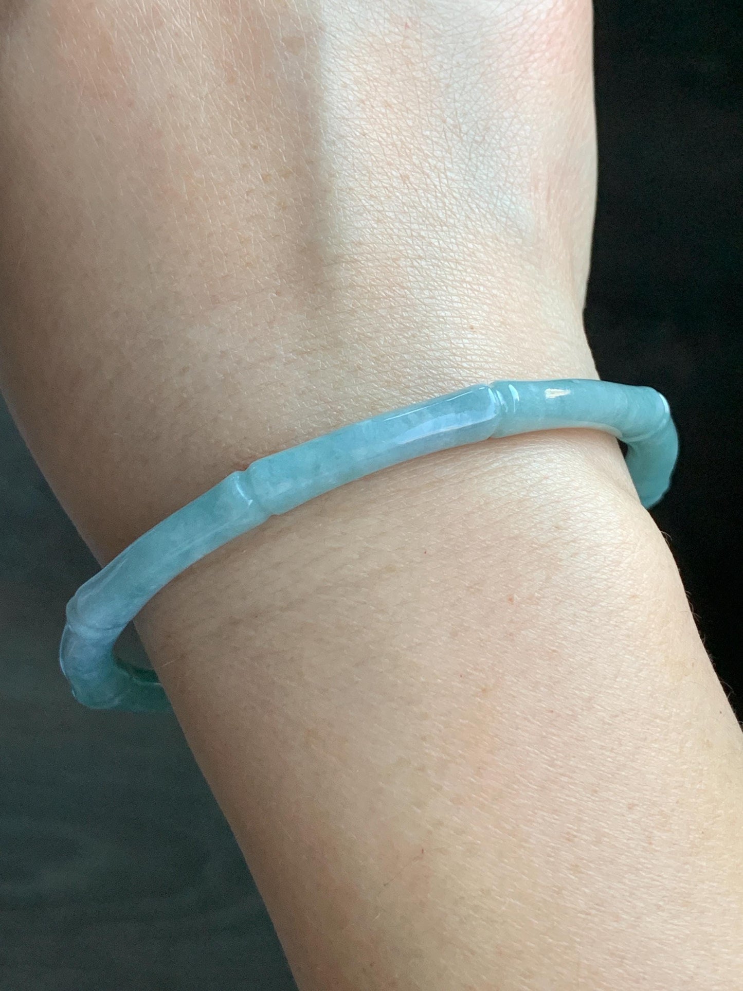 Certified Natural Guatemalan Translucent Light Teal Blue Jadeite Carved Slim Bamboo Bangle Bracelet 62.3mm 7.68” 17.09g 天然危浅篮绿翡翠竹节手镯 7821