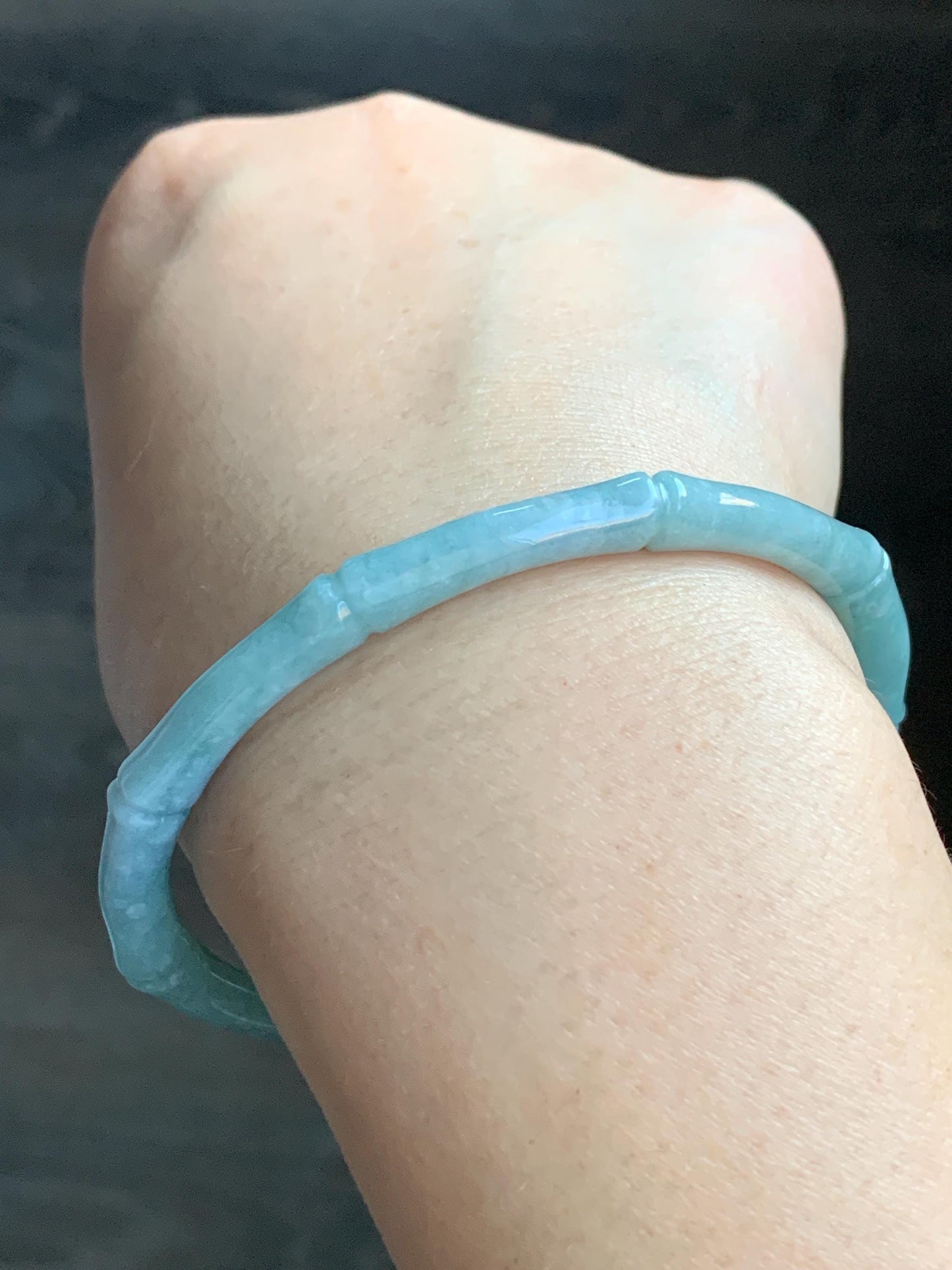 Certified Natural Guatemalan Translucent Light Teal Blue Jadeite Carved Slim Bamboo Bangle Bracelet 62.3mm 7.68” 17.09g 天然危浅篮绿翡翠竹节手镯 7821