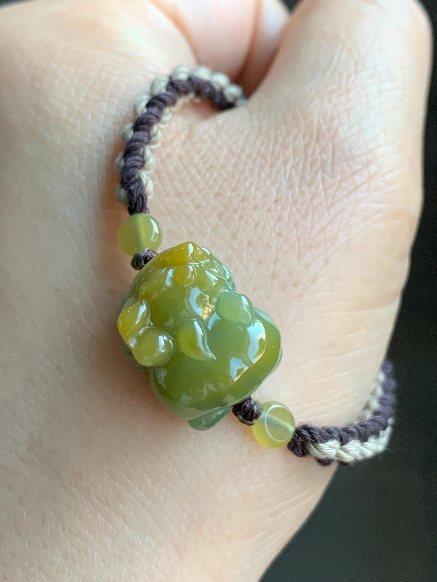 Certified Natural Guatemalan Icy Translucent Gelatinous Bright Yellow Marbled Jadeite Pixiu Rope Bracelet 5.5”-9.5” 天然冰胶危黄蓝翡翠貔貅手绳 7797