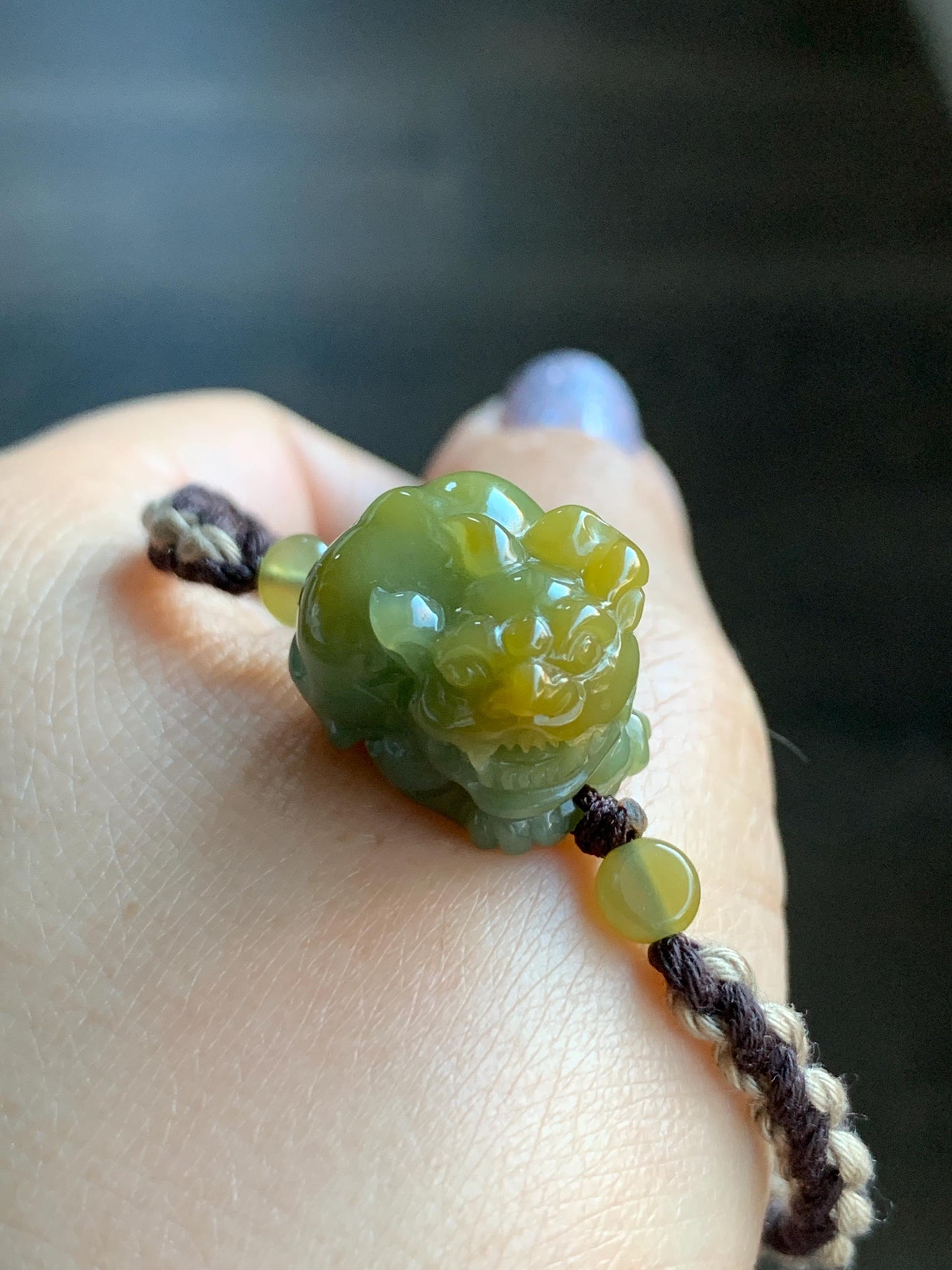 Certified Natural Guatemalan Icy Translucent Gelatinous Bright Yellow Marbled Jadeite Pixiu Rope Bracelet 5.5”-9.5” 天然冰胶危黄蓝翡翠貔貅手绳 7797