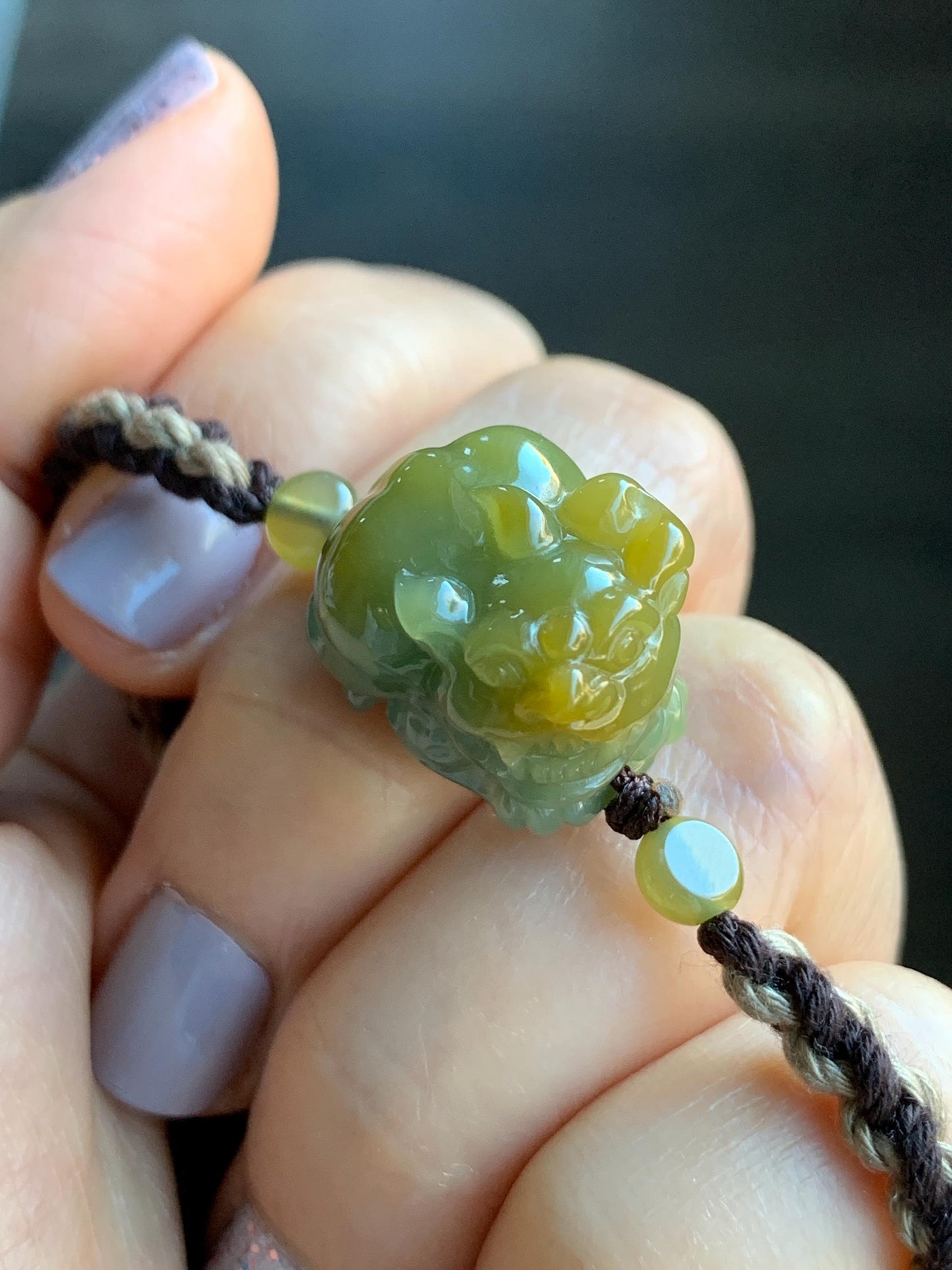 Certified Natural Guatemalan Icy Translucent Gelatinous Bright Yellow Marbled Jadeite Pixiu Rope Bracelet 5.5”-9.5” 天然冰胶危黄蓝翡翠貔貅手绳 7797