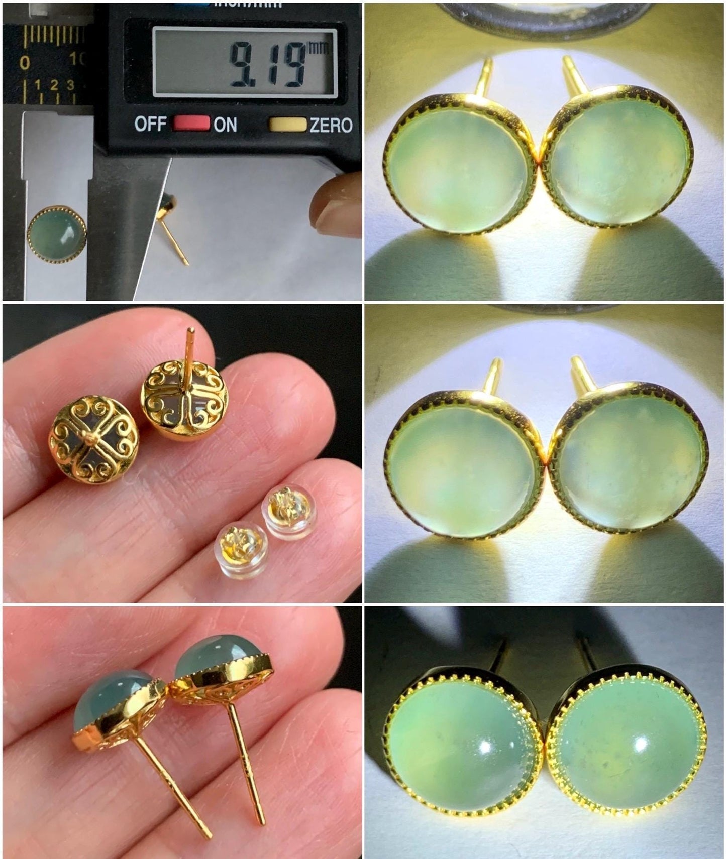 Natural Guatemalan Icy Highly Translucent Light Teal Green Jadeite Round Stud Earrings Sterling Silver Yellow Gold Finish 天然冰危浅绿翡翠蛋面银镶耳钉