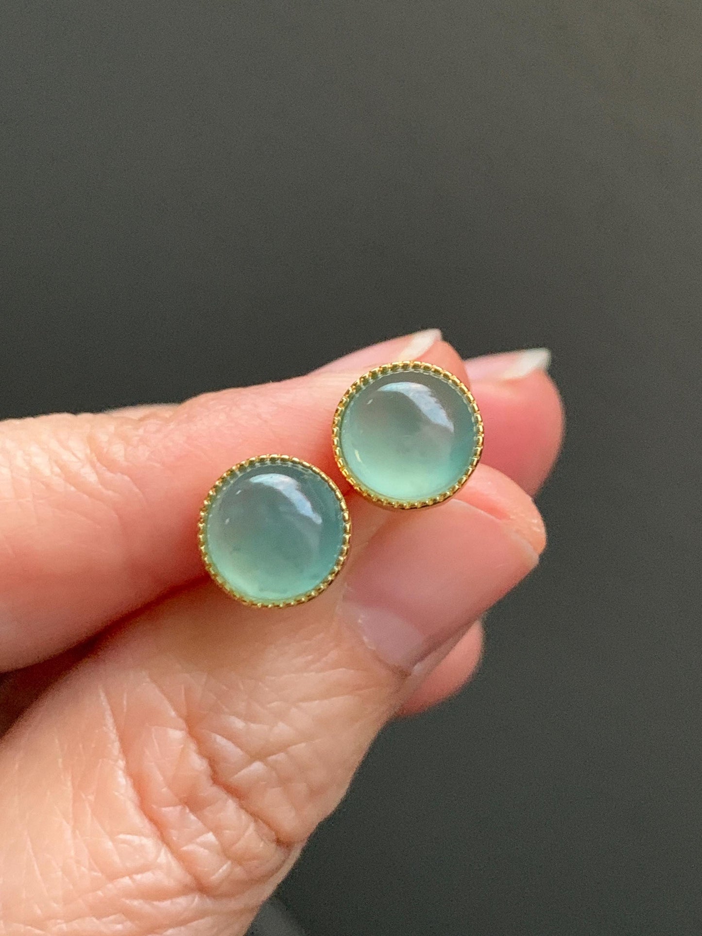 Natural Guatemalan Icy Highly Translucent Light Teal Green Jadeite Round Stud Earrings Sterling Silver Yellow Gold Finish 天然冰危浅绿翡翠蛋面银镶耳钉
