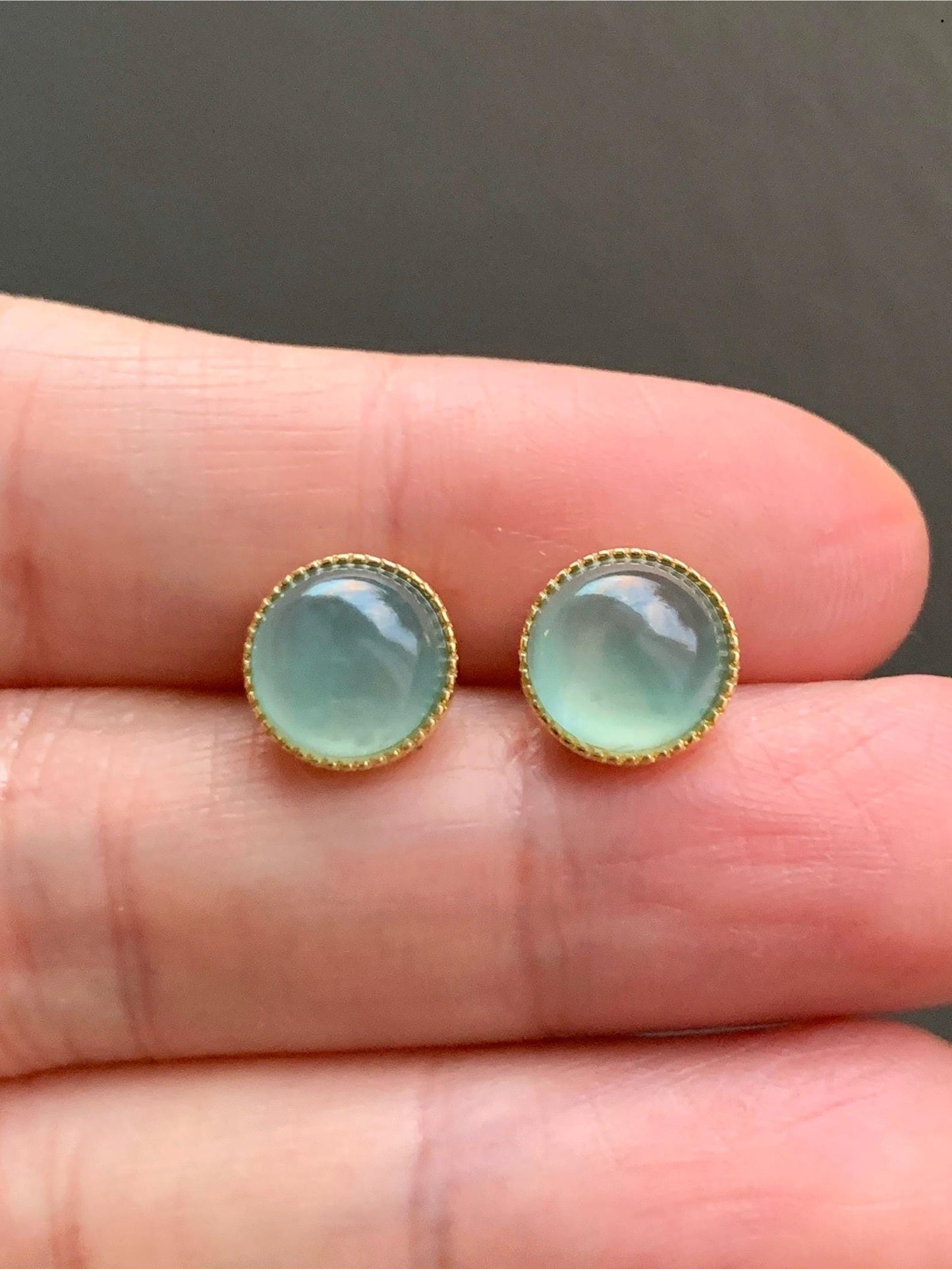 Natural Guatemalan Icy Highly Translucent Light Teal Green Jadeite Round Stud Earrings Sterling Silver Yellow Gold Finish 天然冰危浅绿翡翠蛋面银镶耳钉