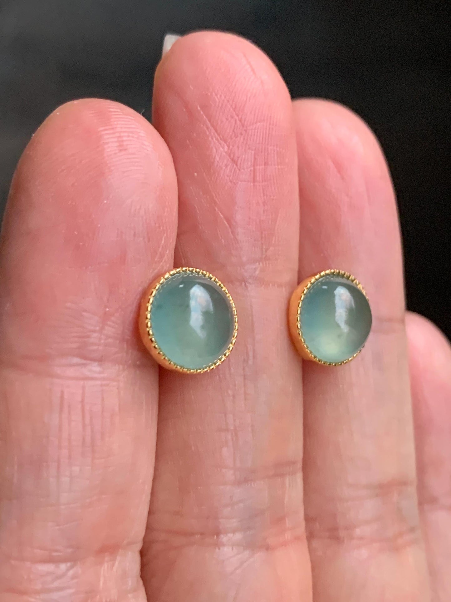 Natural Guatemalan Icy Highly Translucent Light Teal Green Jadeite Round Stud Earrings Sterling Silver Yellow Gold Finish 天然冰危浅绿翡翠蛋面银镶耳钉