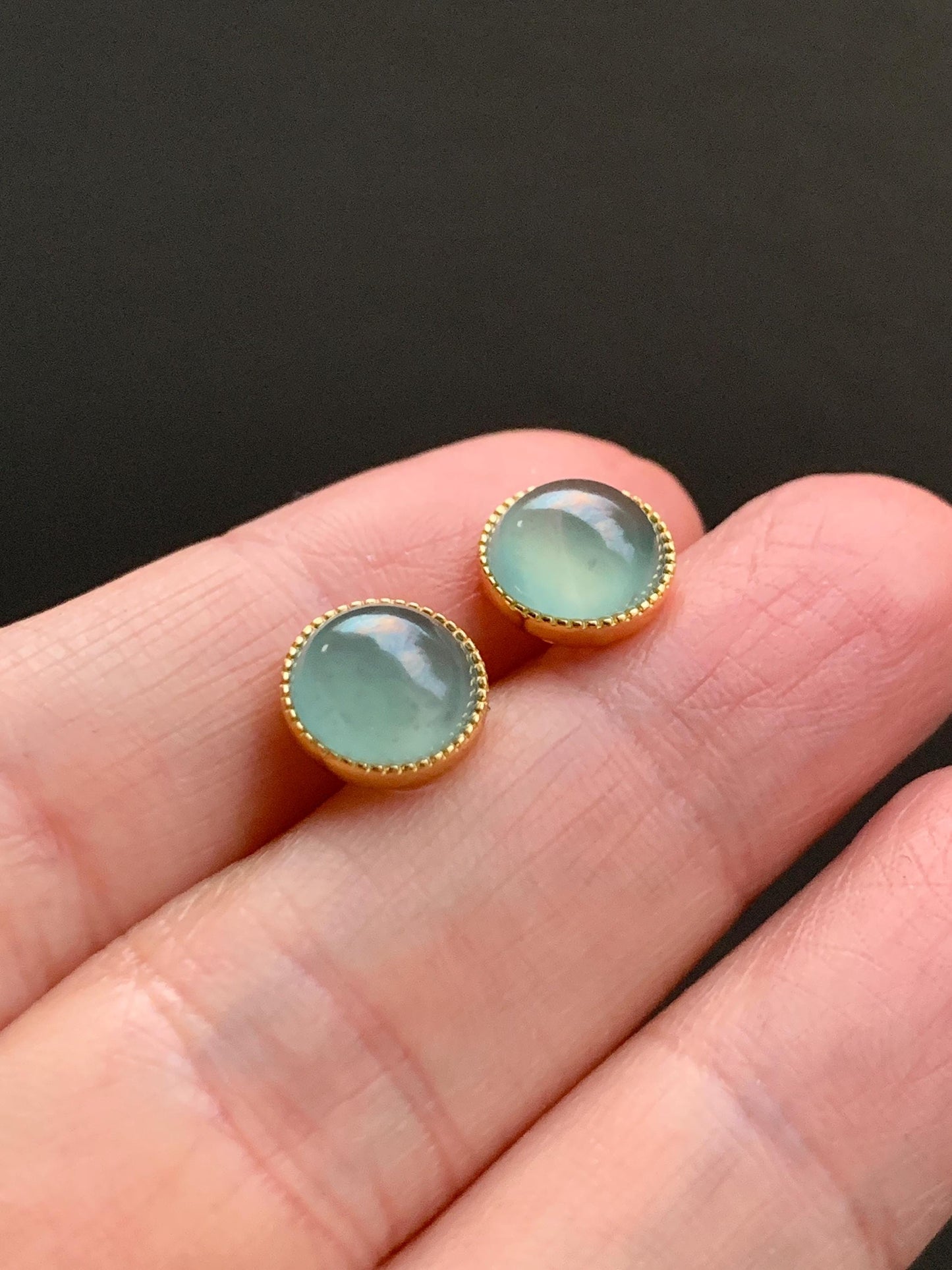Natural Guatemalan Icy Highly Translucent Light Teal Green Jadeite Round Stud Earrings Sterling Silver Yellow Gold Finish 天然冰危浅绿翡翠蛋面银镶耳钉