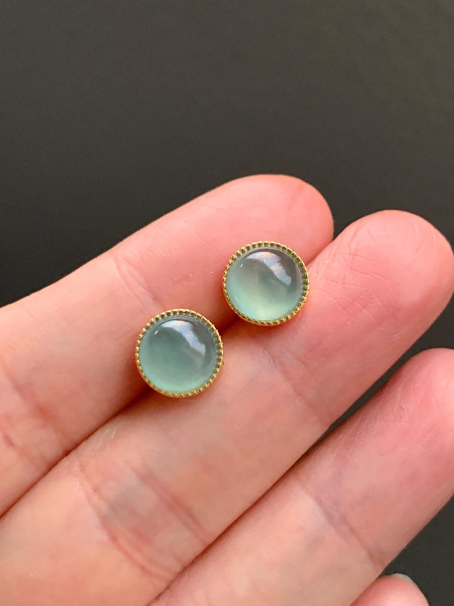 Natural Guatemalan Icy Highly Translucent Light Teal Green Jadeite Round Stud Earrings Sterling Silver Yellow Gold Finish 天然冰危浅绿翡翠蛋面银镶耳钉
