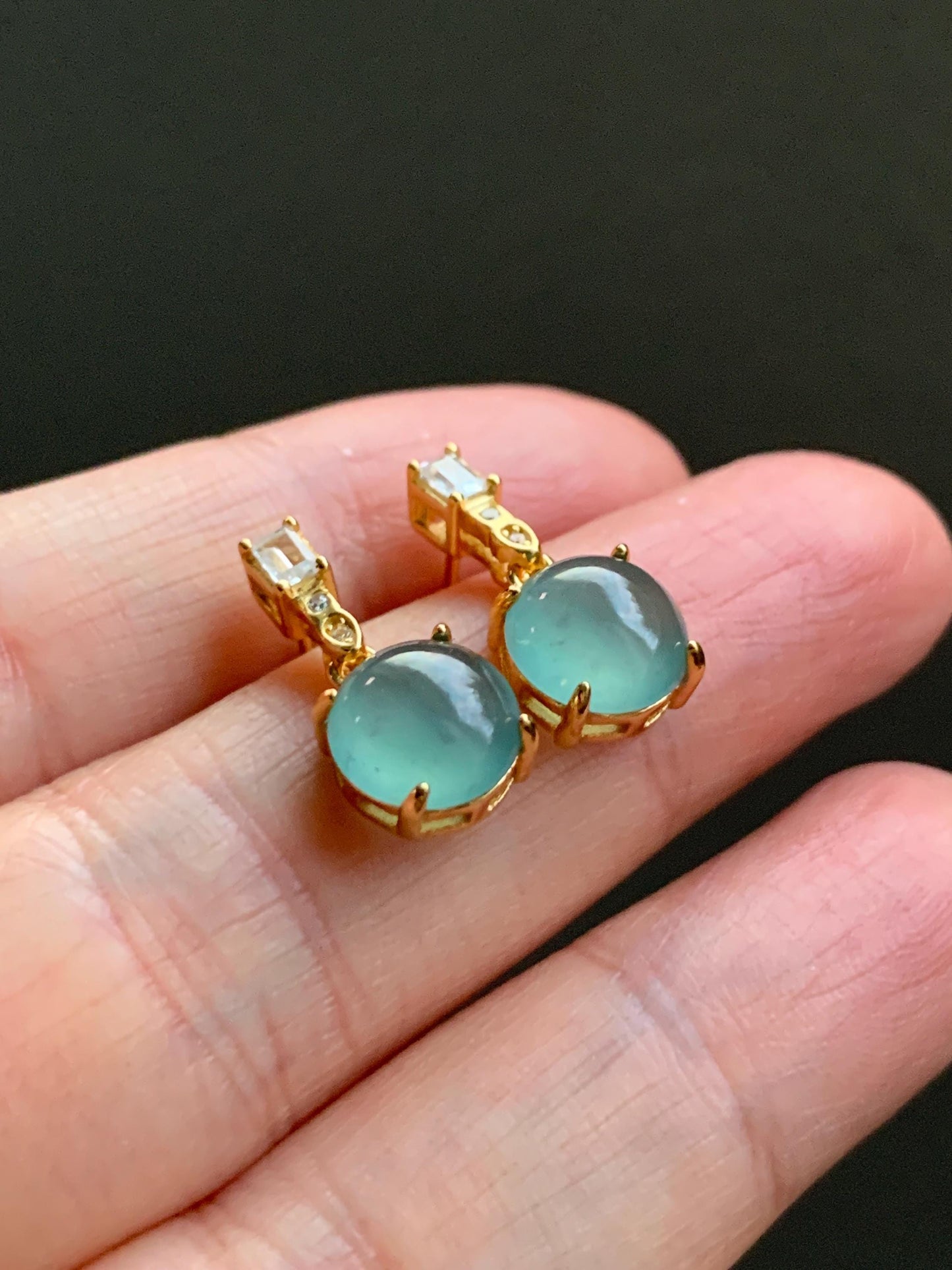Natural Guatemalan Icy Highly Translucent Light Teal Green Jadeite Round Stud Earrings Sterling Silver Yellow Gold Finish 天然冰危淡蓝绿翡翠蛋面银镶耳钉