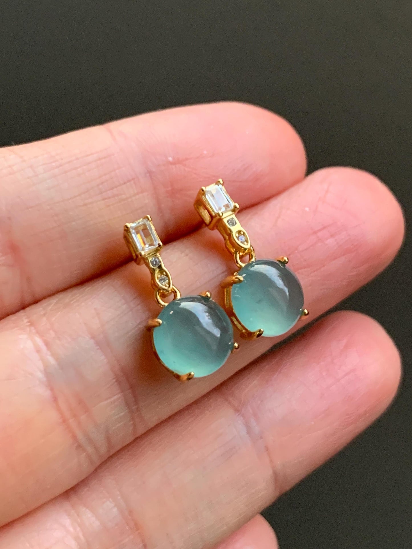 Natural Guatemalan Icy Highly Translucent Light Teal Green Jadeite Round Stud Earrings Sterling Silver Yellow Gold Finish 天然冰危淡蓝绿翡翠蛋面银镶耳钉