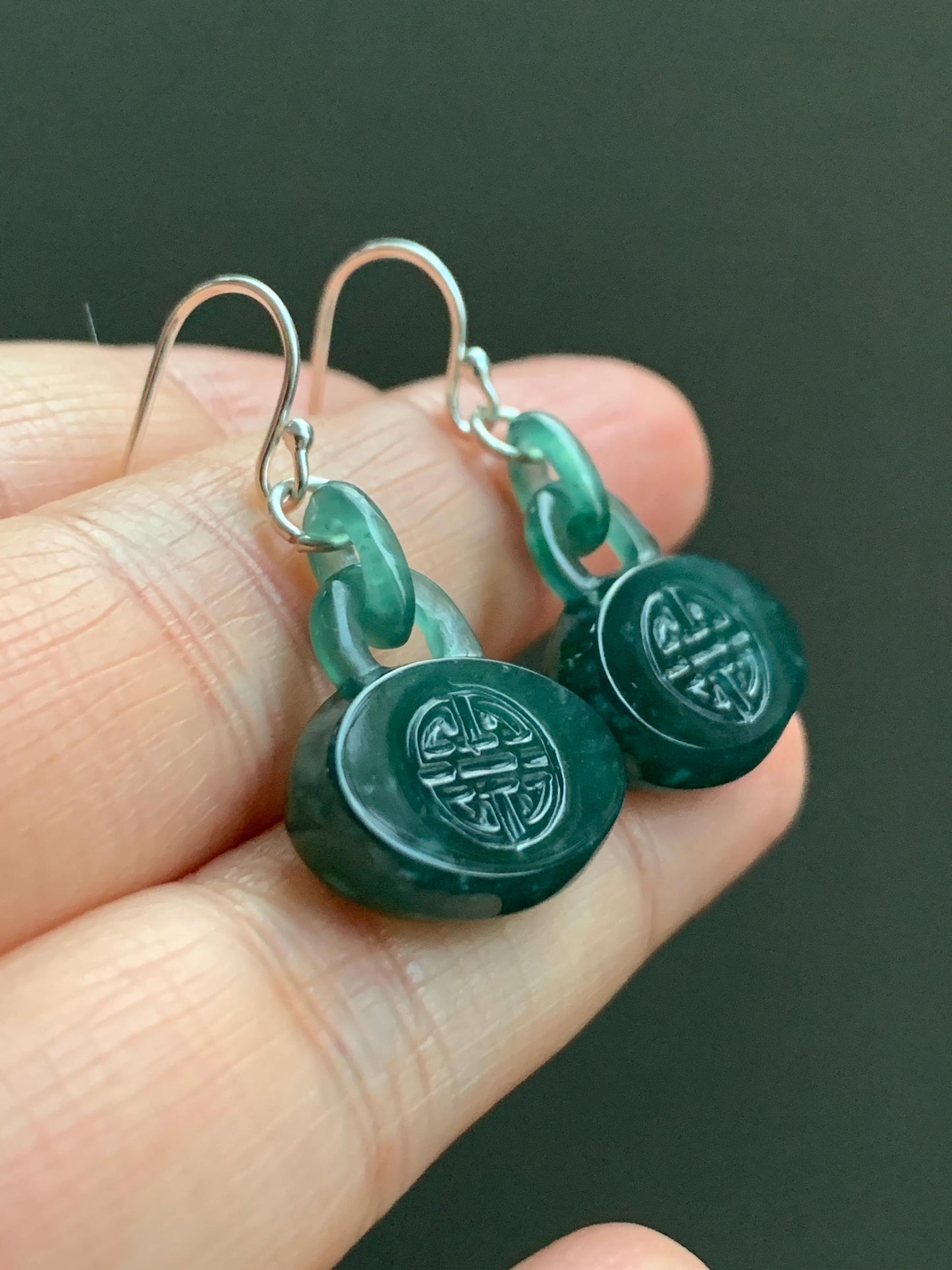 Natural Guatemalan Icy Translucent Dark Teal Green Jadeite Locks w/ Interlocking Rings Dangle Earrings Sterling Silver 天然冰危蓝绿翡翠锁包环环相扣银耳钩