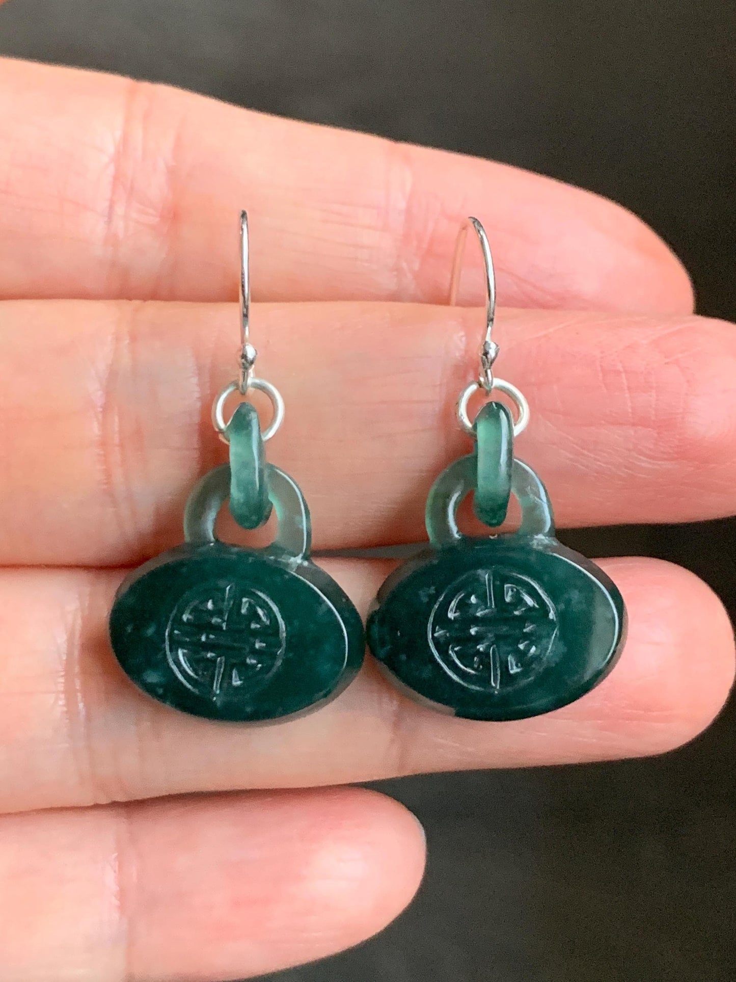 Natural Guatemalan Icy Translucent Dark Teal Green Jadeite Locks w/ Interlocking Rings Dangle Earrings Sterling Silver 天然冰危蓝绿翡翠锁包环环相扣银耳钩