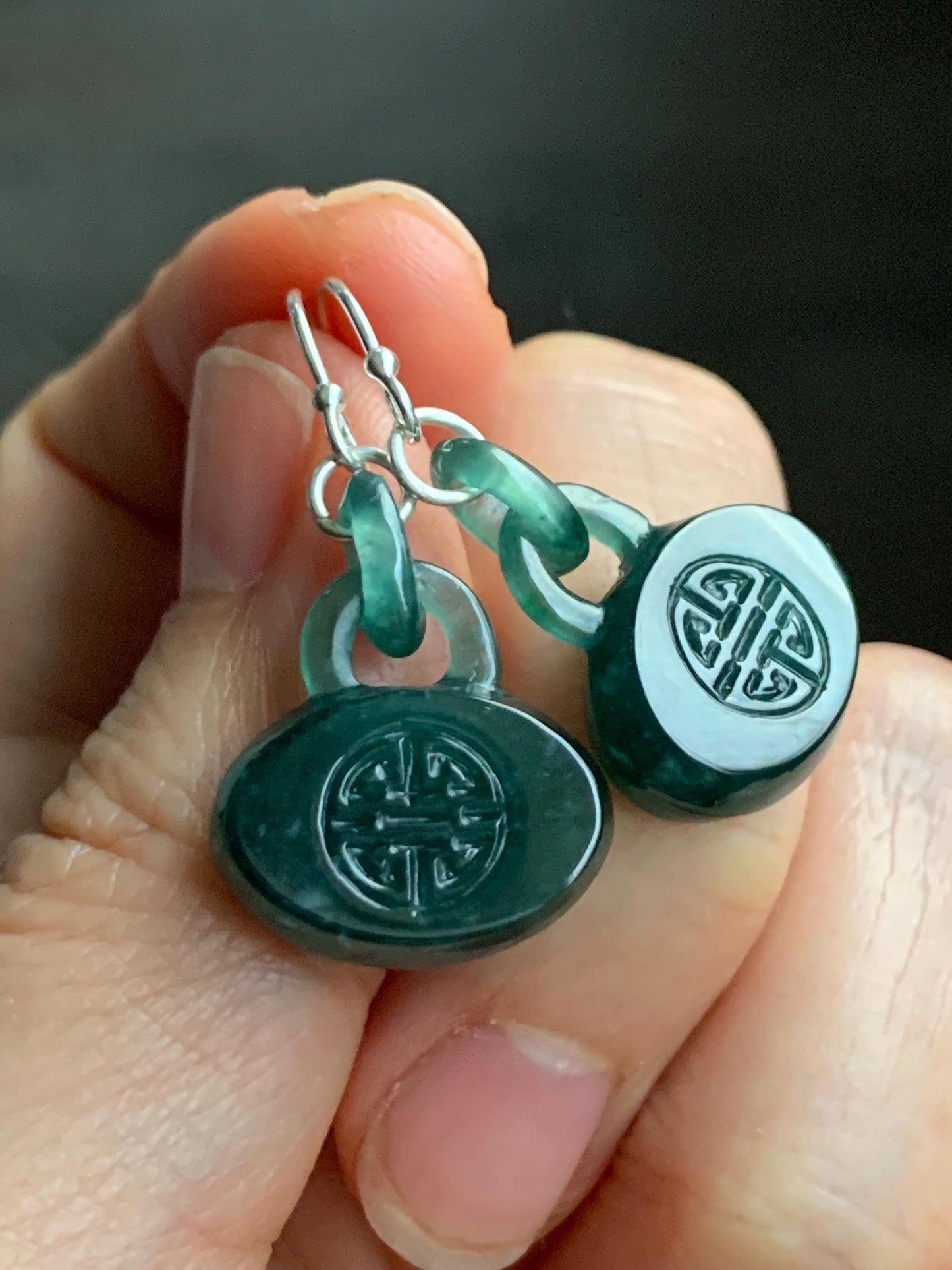 Natural Guatemalan Icy Translucent Dark Teal Green Jadeite Locks w/ Interlocking Rings Dangle Earrings Sterling Silver 天然冰危蓝绿翡翠锁包环环相扣银耳钩