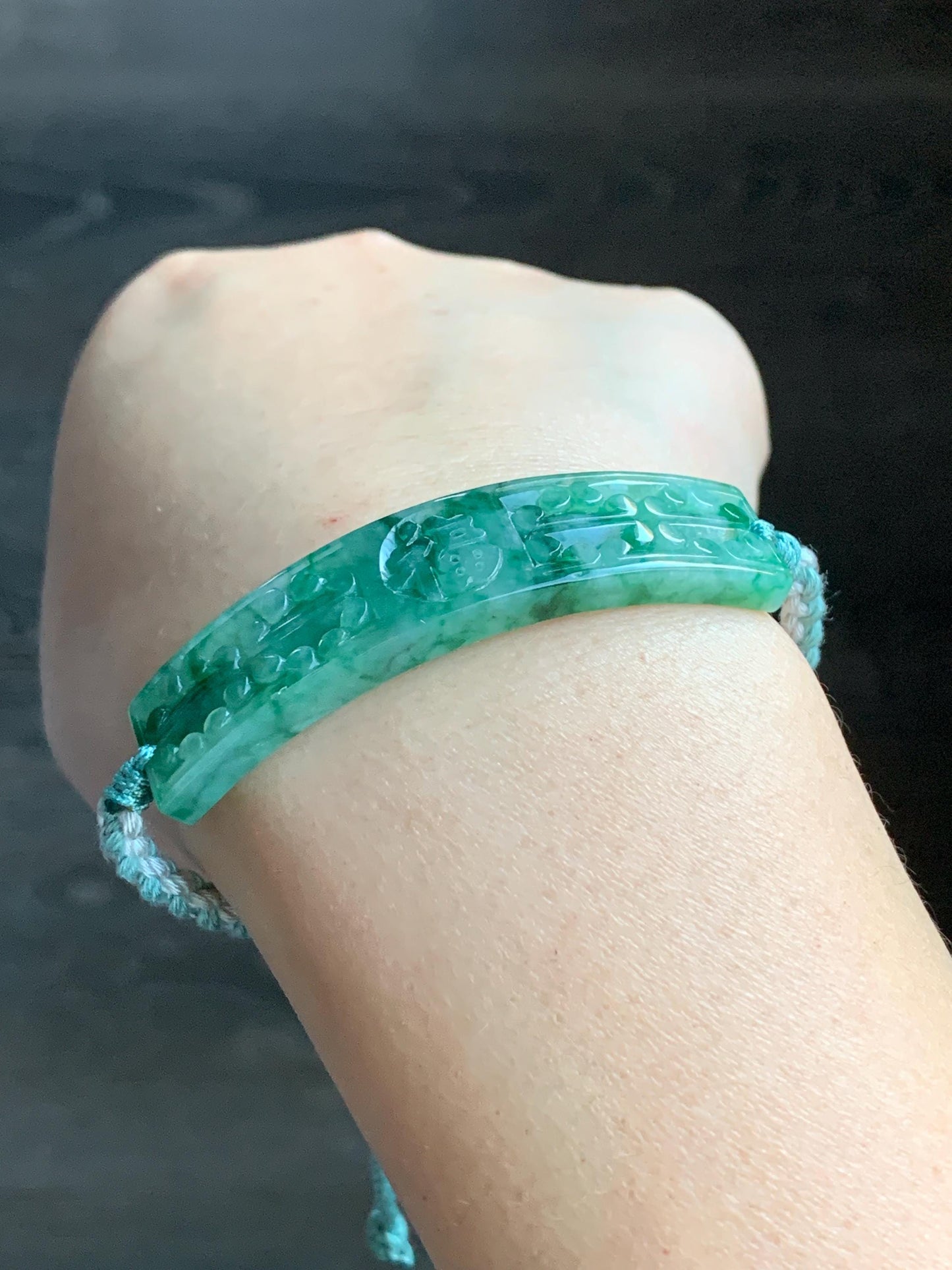 Certified Natural Burmese Icy Translucent Light Green Dark Green Marbled Jadeite Happiness Cuff Rope Bracelet 6.75” 天然缅甸冰飘绿翡翠福字手牌手绳 7840