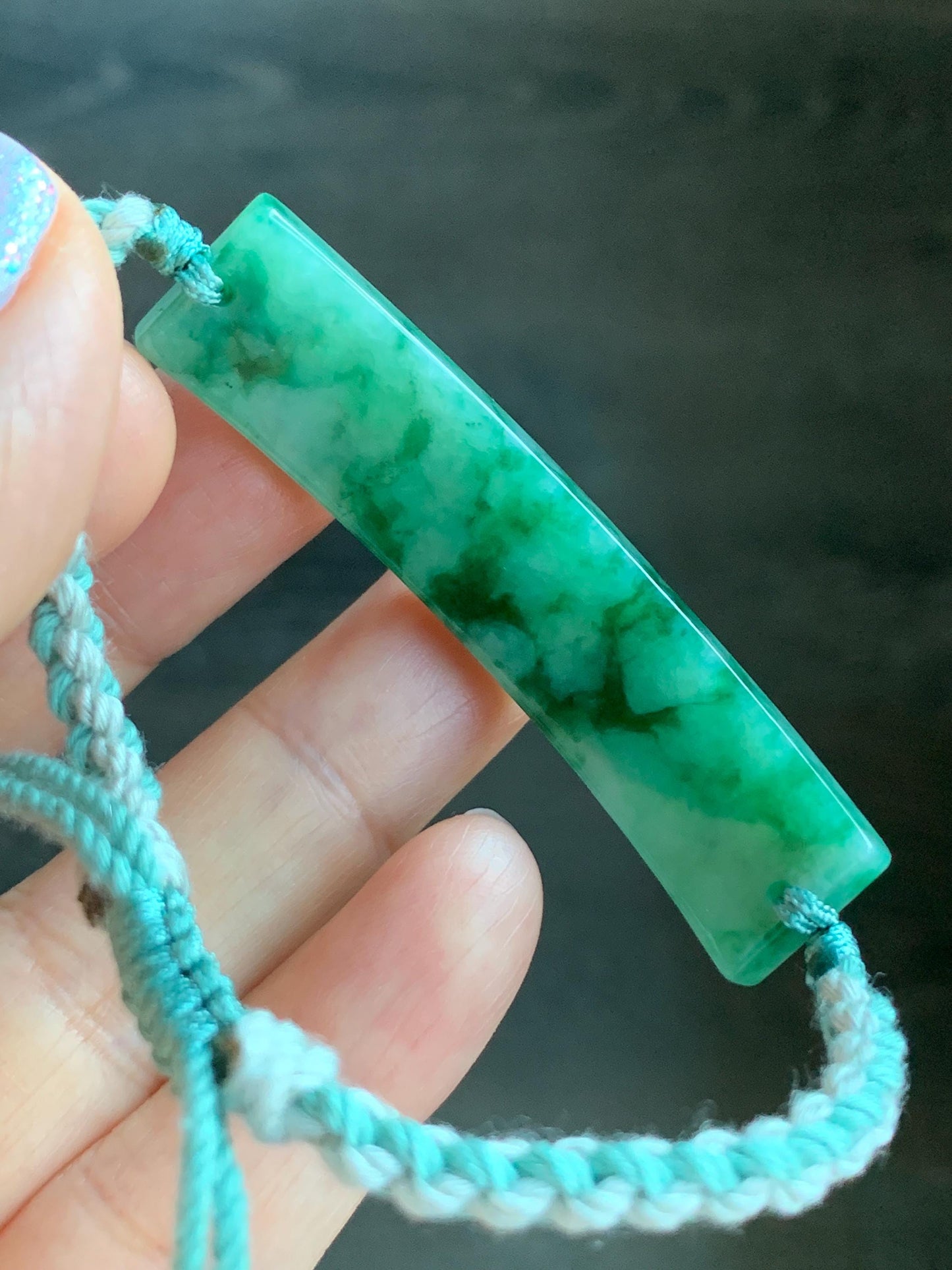 Certified Natural Burmese Icy Translucent Light Green Dark Green Marbled Jadeite Happiness Cuff Rope Bracelet 6.75” 天然缅甸冰飘绿翡翠福字手牌手绳 7840
