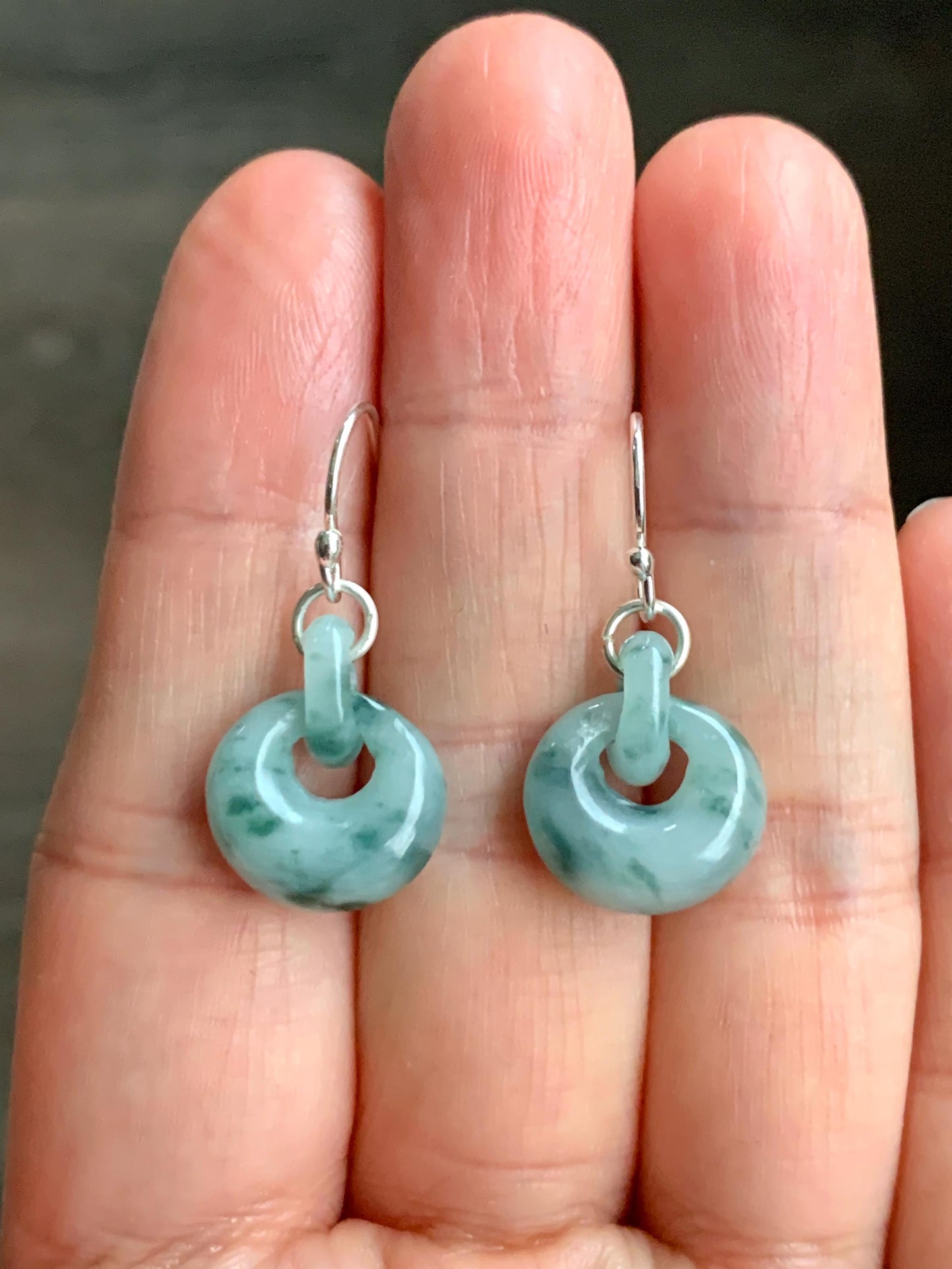 Natural Grade A Icy Translucent Teal Green Marbled Jadeite Locks w/ Interlocking Rings Dangle Earrings Sterling Silver 天然冰飘花翡翠锁包环环相扣银耳钩