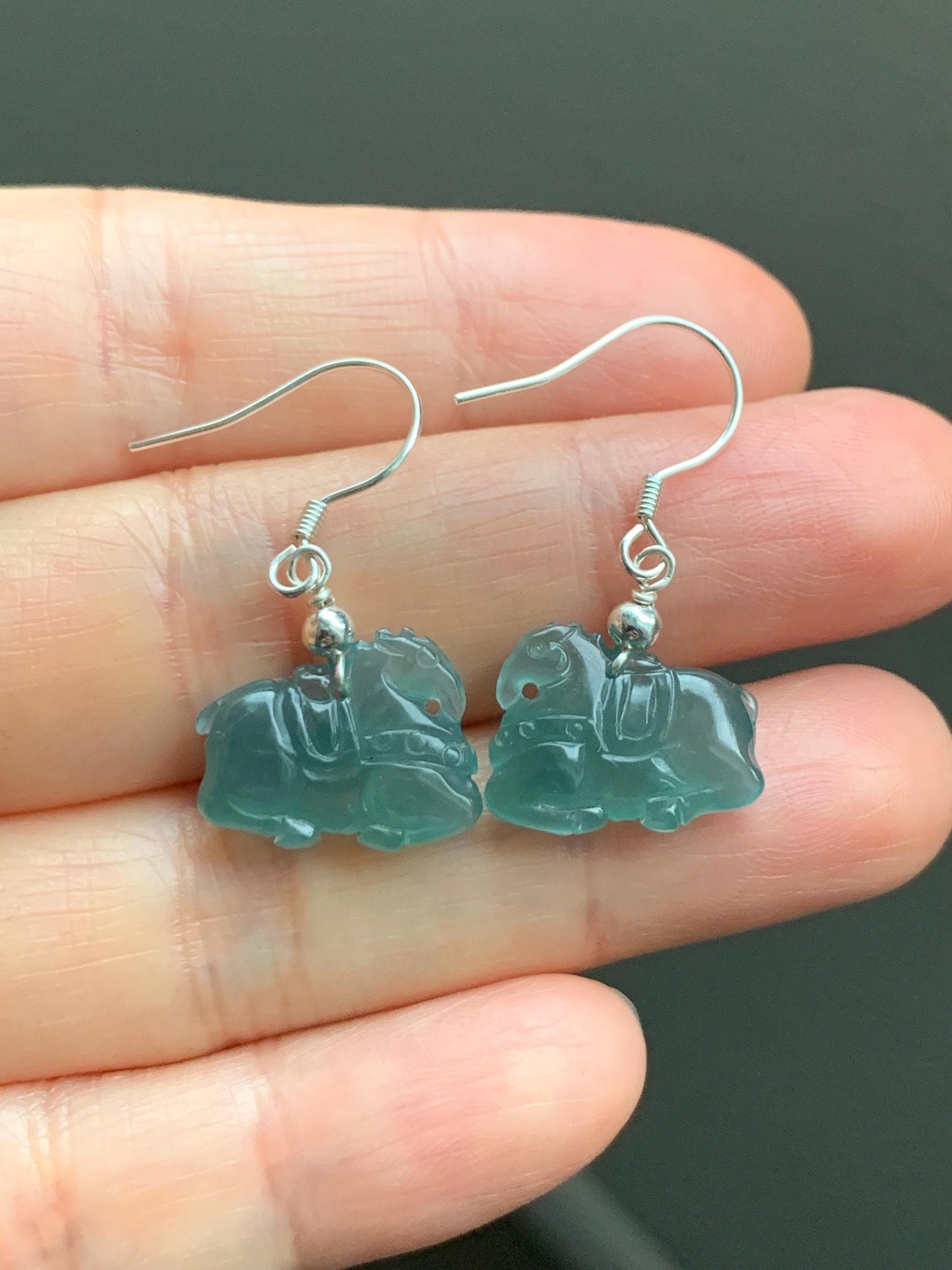 Natural Guatemalan Grade A Icy Highly Translucent Dark Teal Blue Jadeite Carved Tang Horse Dangle Earrings Sterling Silver 天然冰危蓝翡翠小唐马银耳钩