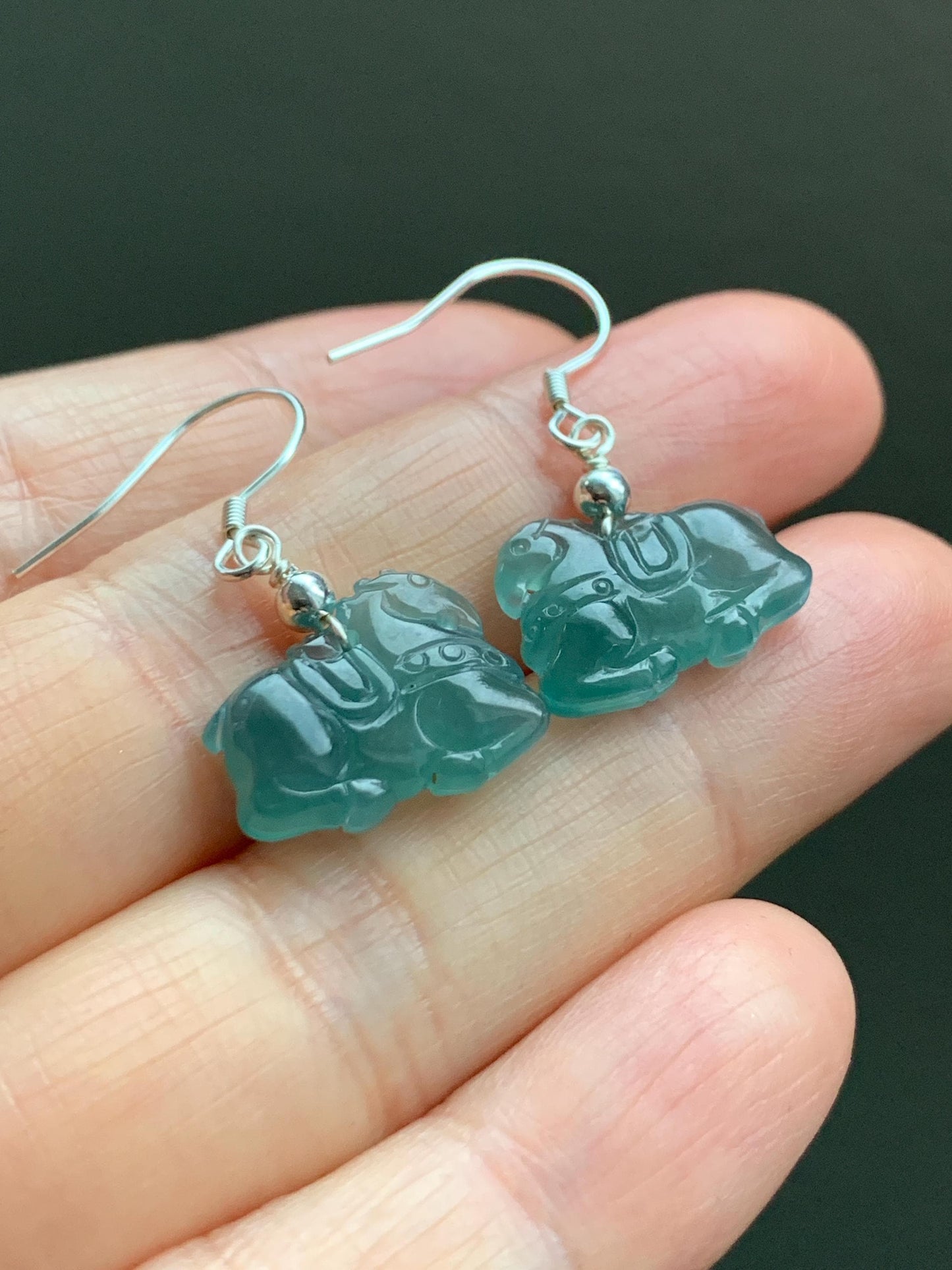 Natural Guatemalan Grade A Icy Highly Translucent Dark Teal Blue Jadeite Carved Tang Horse Dangle Earrings Sterling Silver 天然冰危蓝翡翠小唐马银耳钩