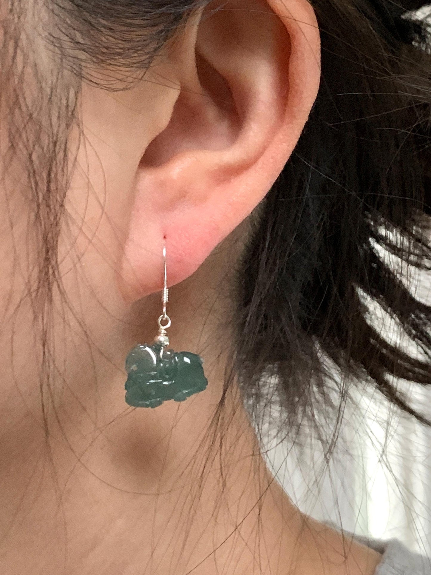 Natural Guatemalan Grade A Icy Highly Translucent Dark Teal Blue Jadeite Carved Tang Horse Dangle Earrings Sterling Silver 天然冰危蓝翡翠小唐马银耳钩