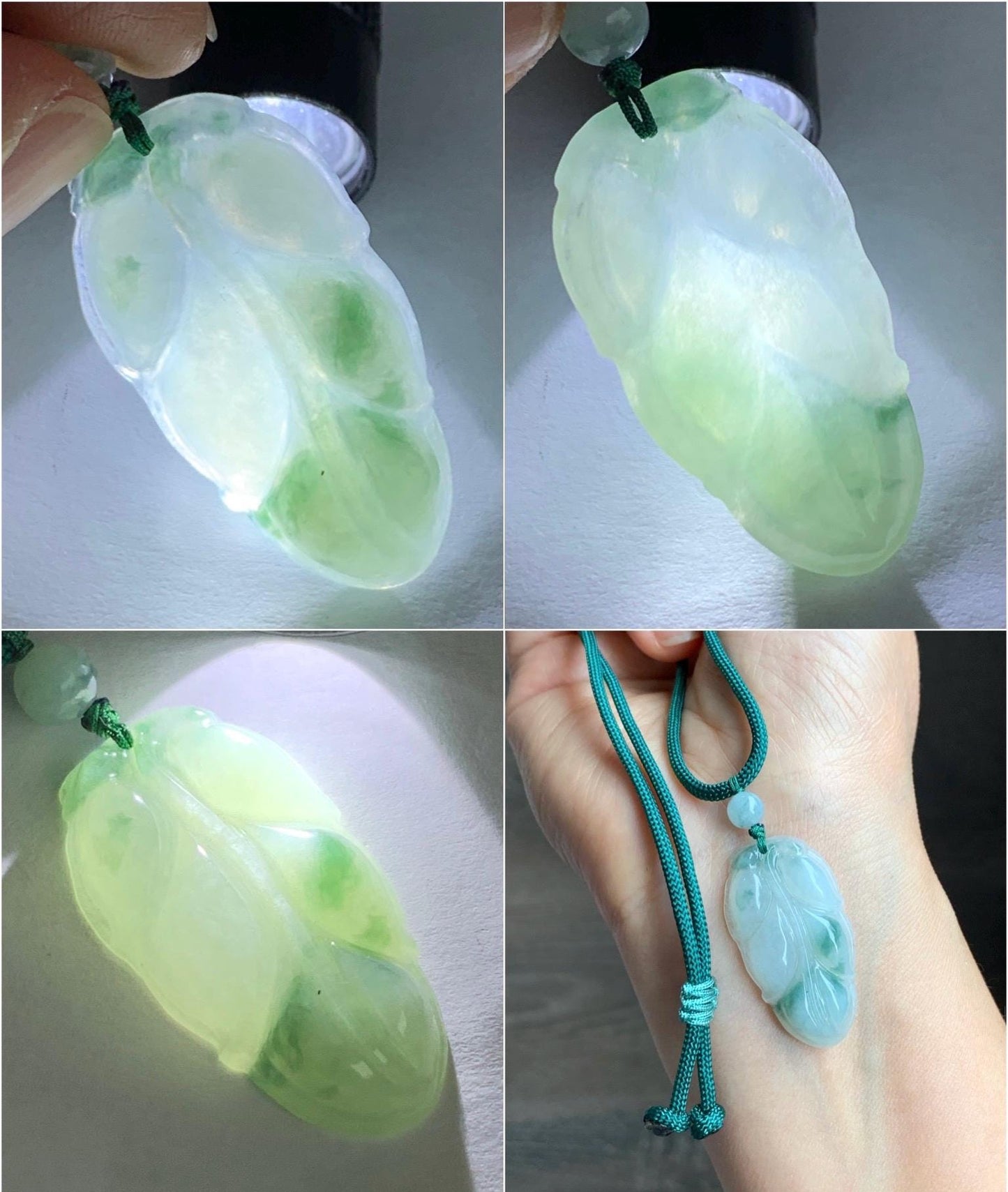 Natural Grade A Icy Translucent Gelatinous Green Marbled Jadeite Leaf Pendant Rope Necklace 25" Adjustable 8g 天然老种冰晴飘花翡翠大叶有成吊坠项链