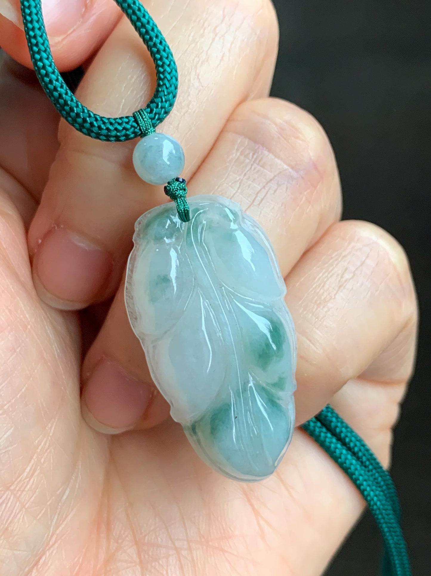 Natural Grade A Icy Translucent Gelatinous Green Marbled Jadeite Leaf Pendant Rope Necklace 25" Adjustable 8g 天然老种冰晴飘花翡翠大叶有成吊坠项链