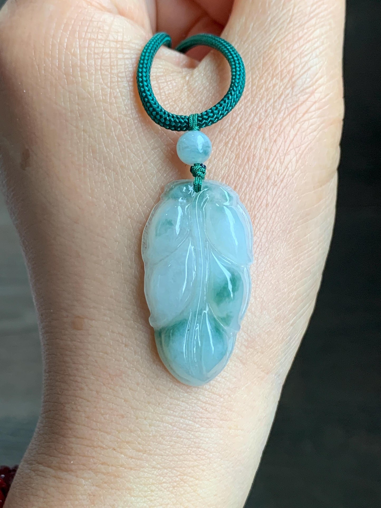Natural Grade A Icy Translucent Gelatinous Green Marbled Jadeite Leaf Pendant Rope Necklace 25" Adjustable 8g 天然老种冰晴飘花翡翠大叶有成吊坠项链