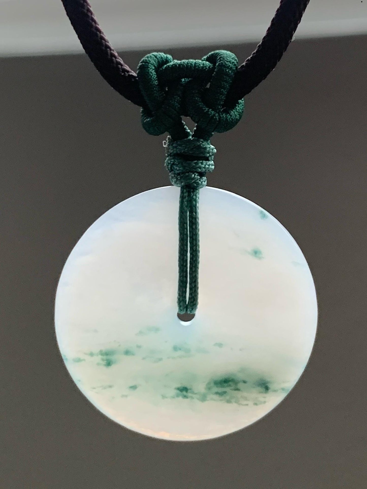 Certified Grade A Natural Icy Translucent Gelatinous White Green Marbled Jadeite Ping An Kou Donut Pendant Necklace 天然老种冰胶白飘花翡翠平安扣吊坠 7833