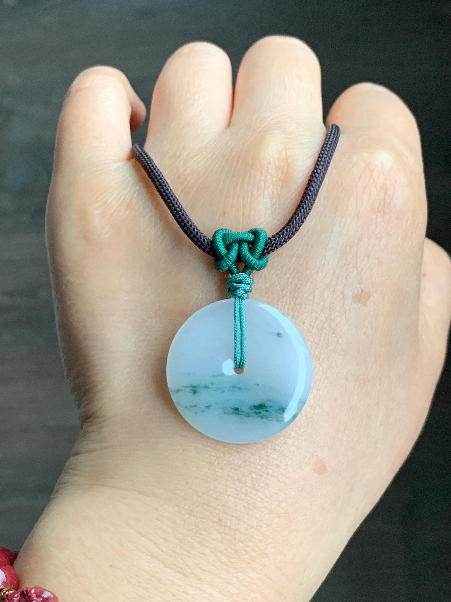 Certified Grade A Natural Icy Translucent Gelatinous White Green Marbled Jadeite Ping An Kou Donut Pendant Necklace 天然老种冰胶白飘花翡翠平安扣吊坠 7833